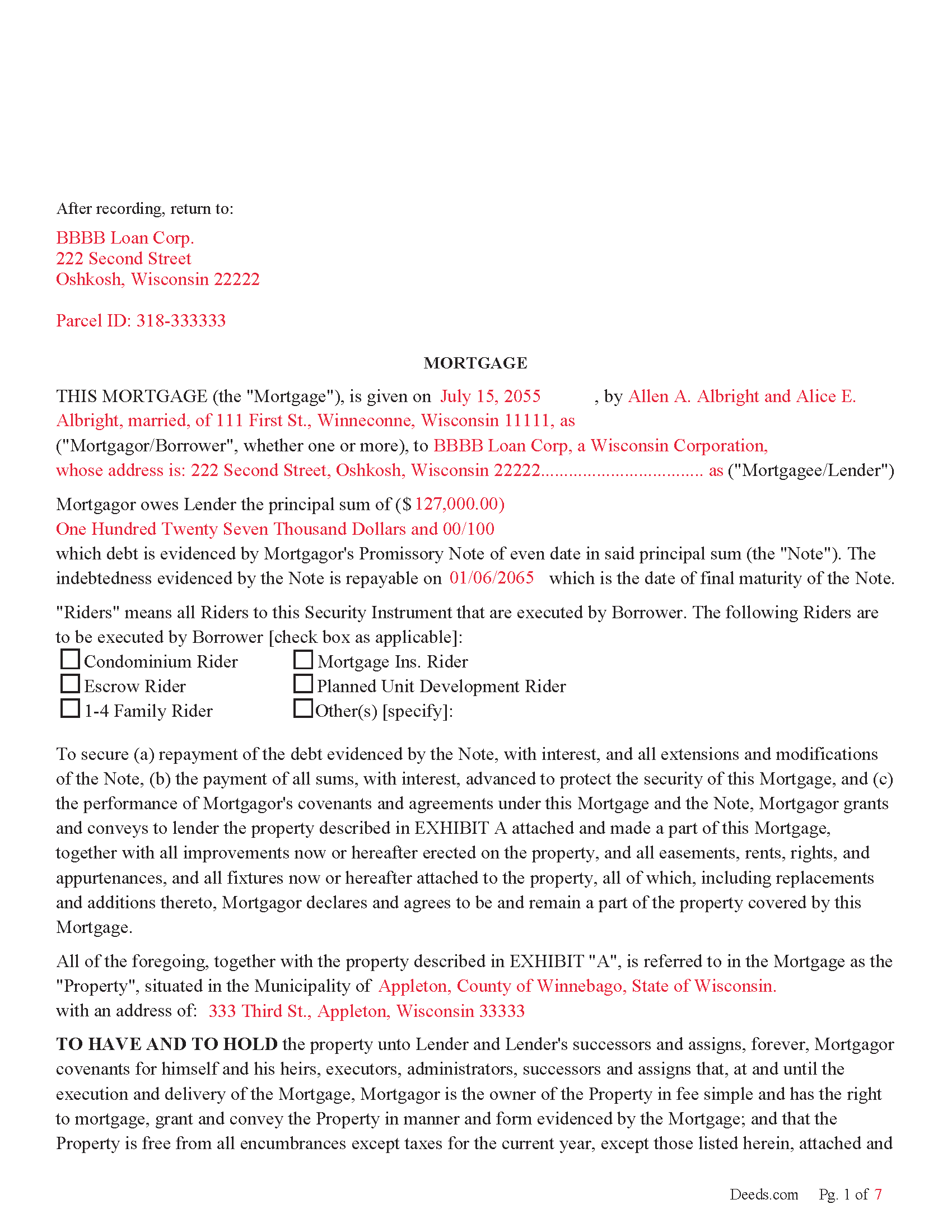 Juneau County Completed Example of the Mortgage Document