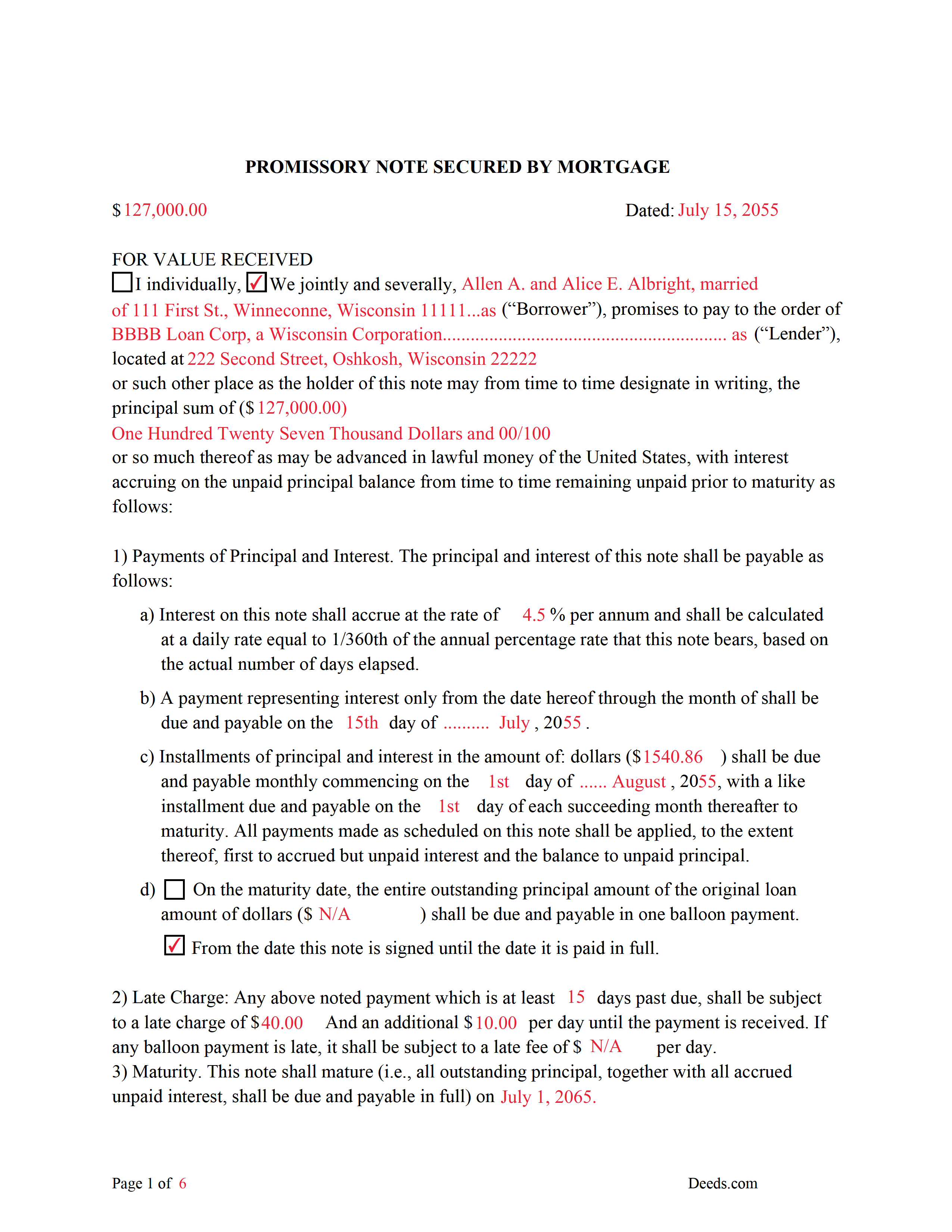 Juneau County Completed Example of the Promissory Note Document