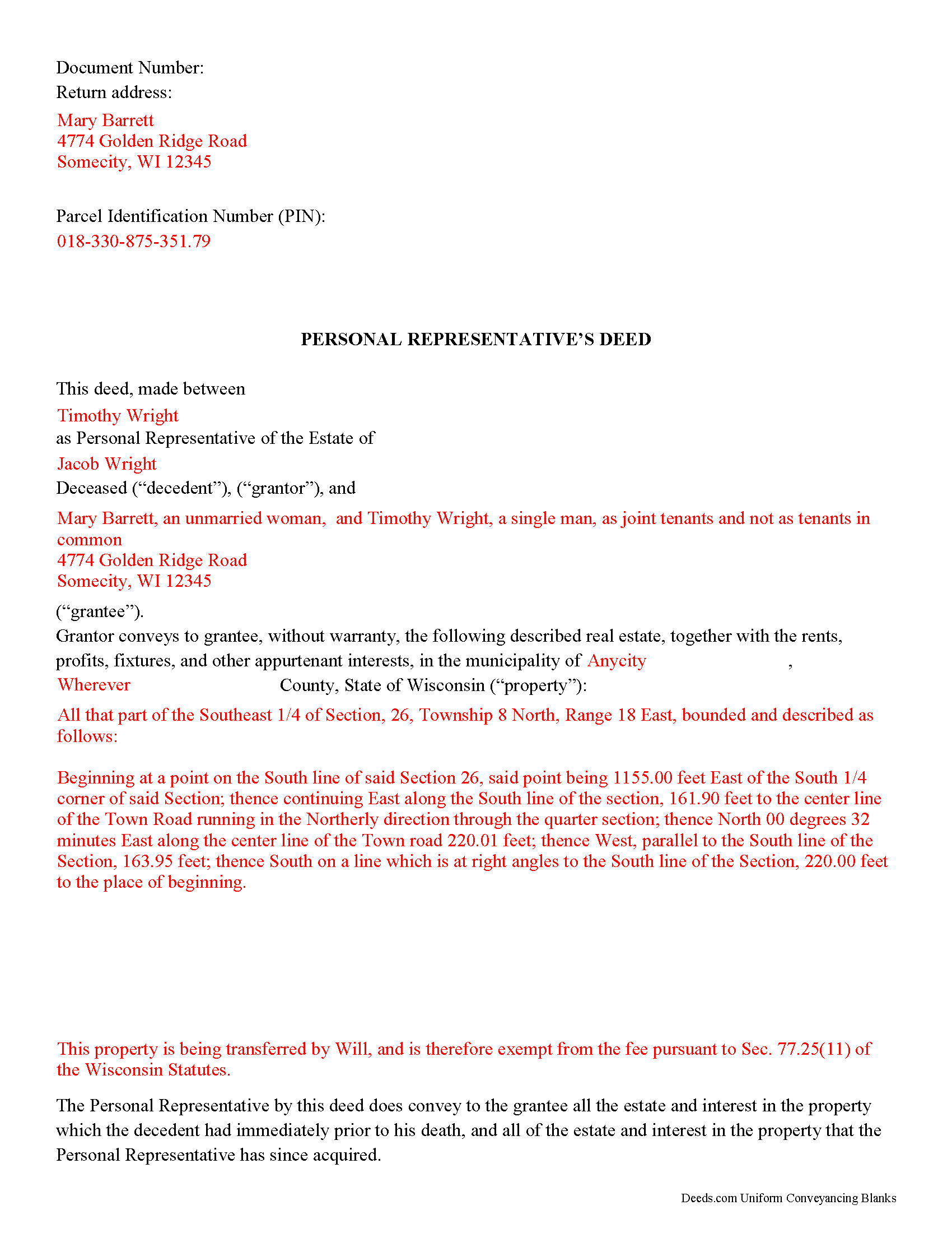 Pepin County Completed Example of the Personal Representative Deed Document