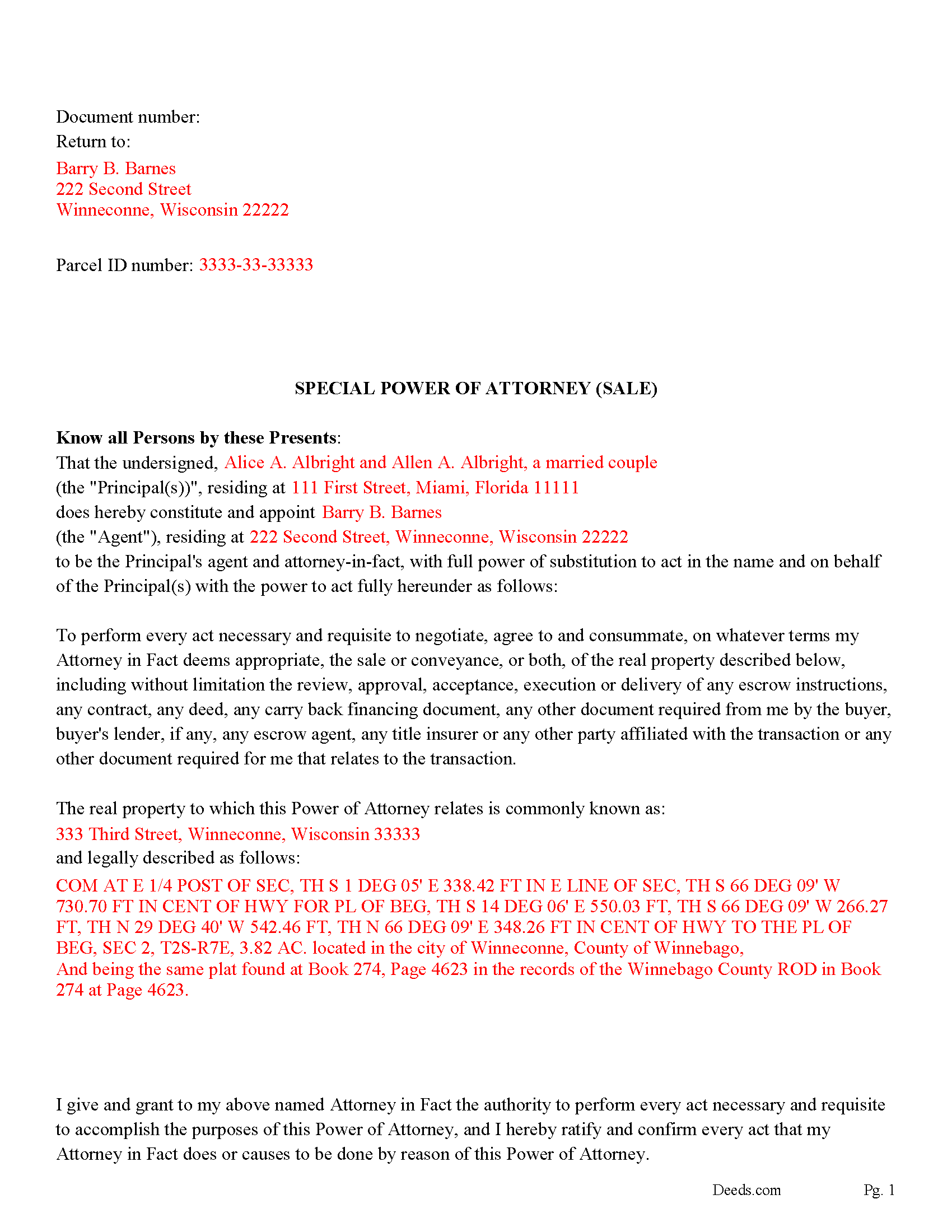 Pepin County Completed Example of the Power of Attorney