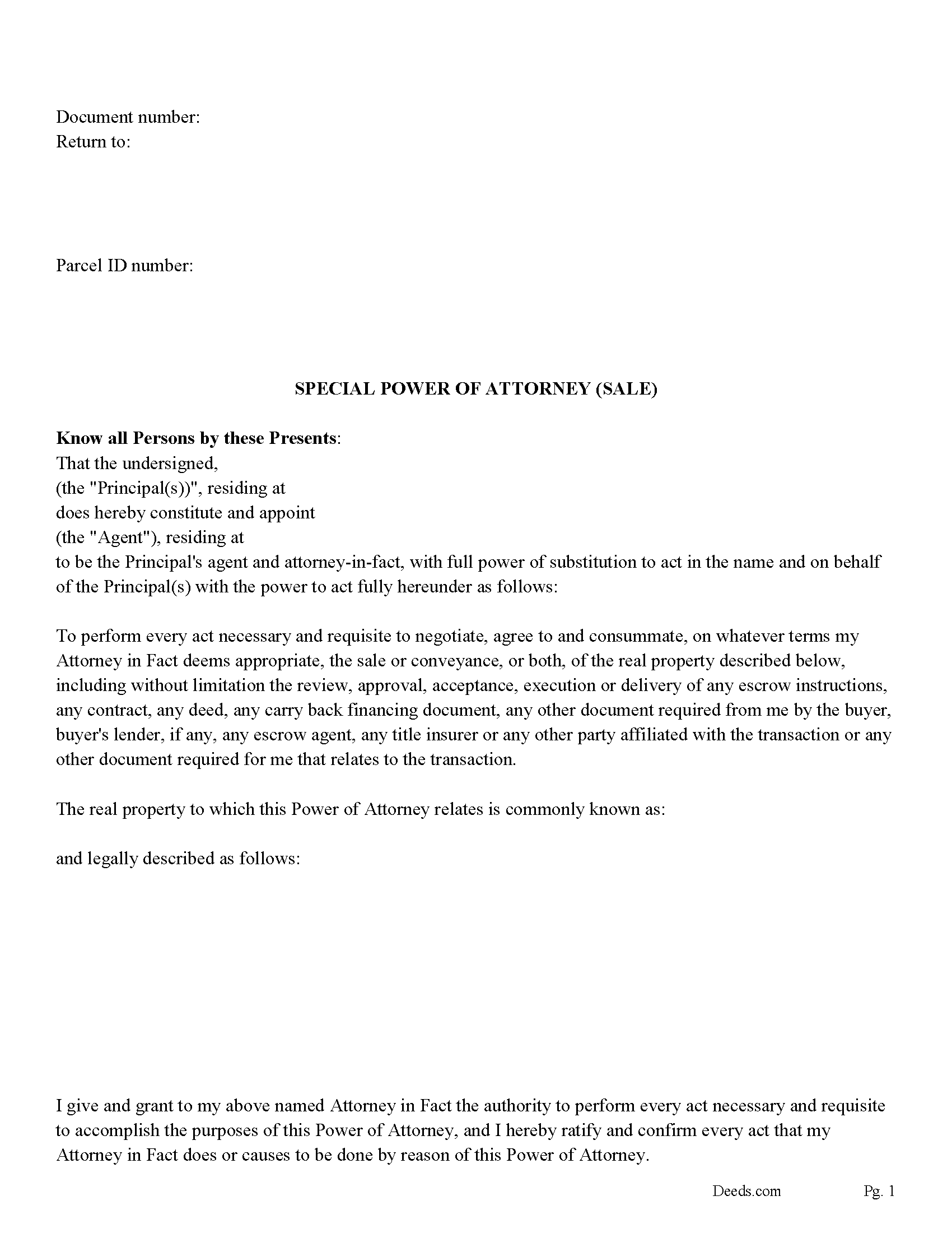 Pepin County Special Power of Attorney Form for the Sale of Property
