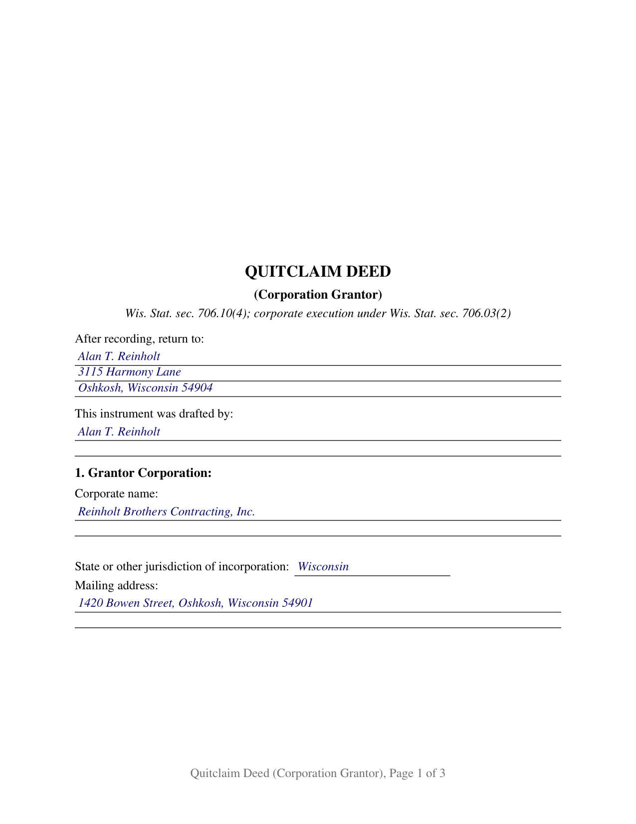 Ashland County Completed Example of the Quitclaim Deed (Corporation Grantor) Document