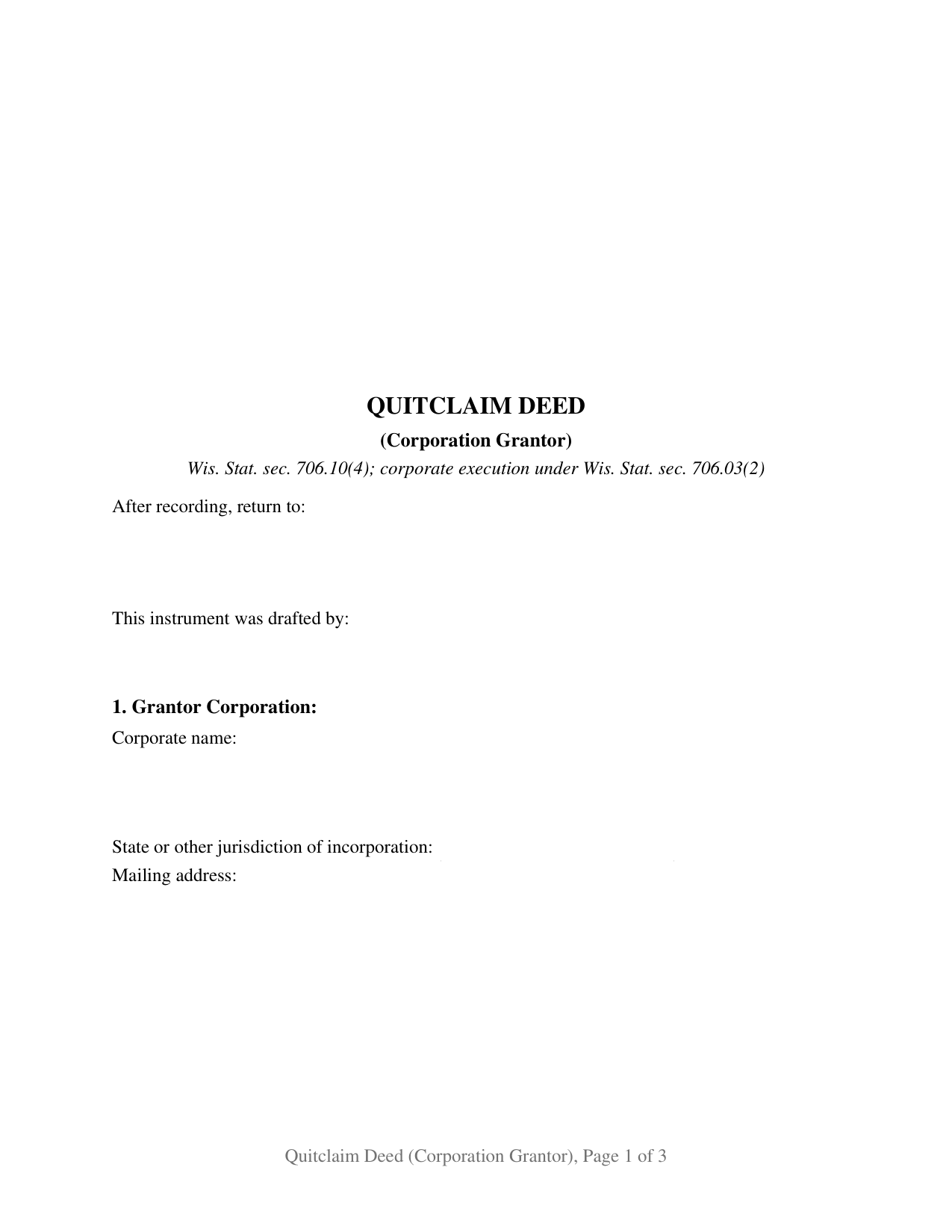 Ashland County Quitclaim Deed (Corporation Grantor) Form