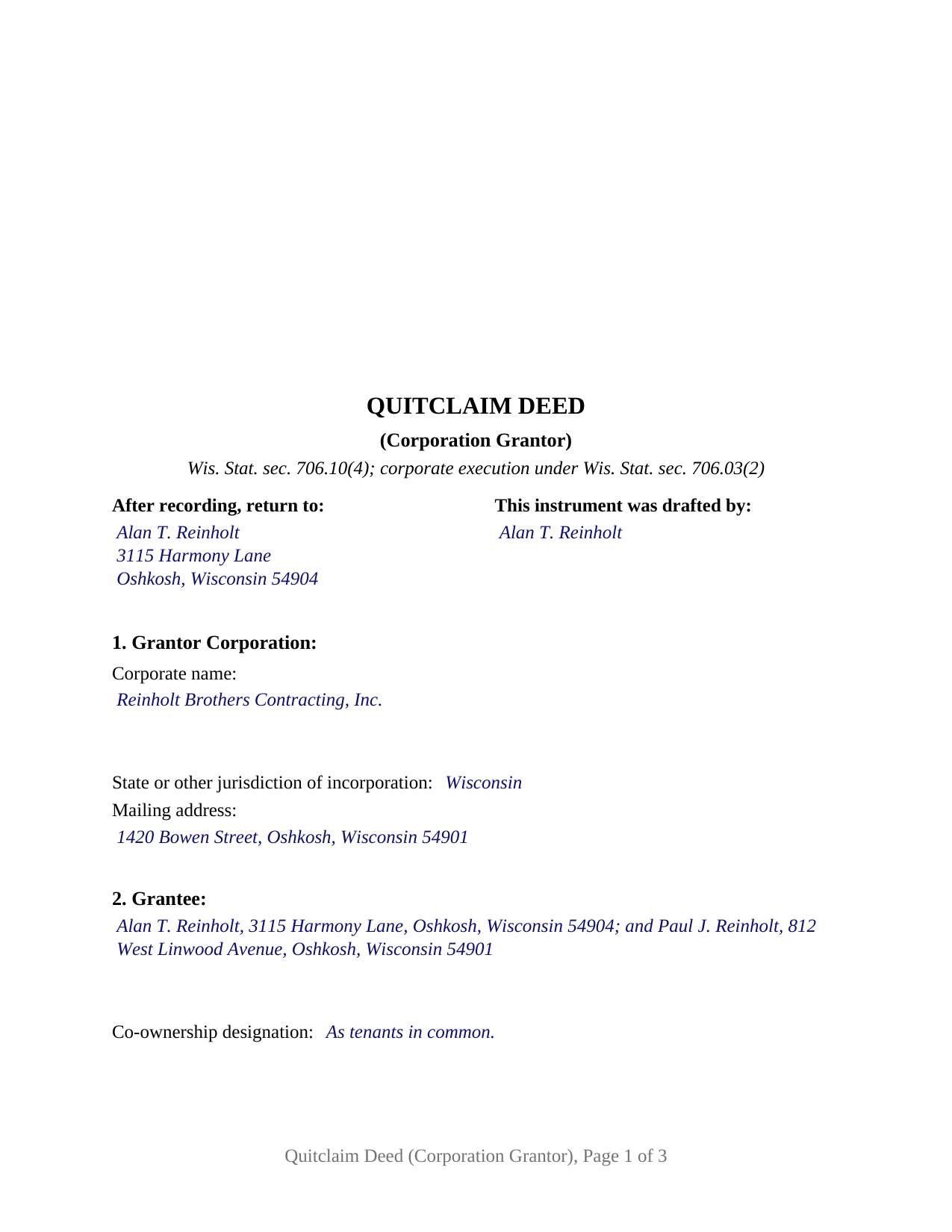 Forest County Completed Example of the Quitclaim Deed (Corporation Grantor) Document
