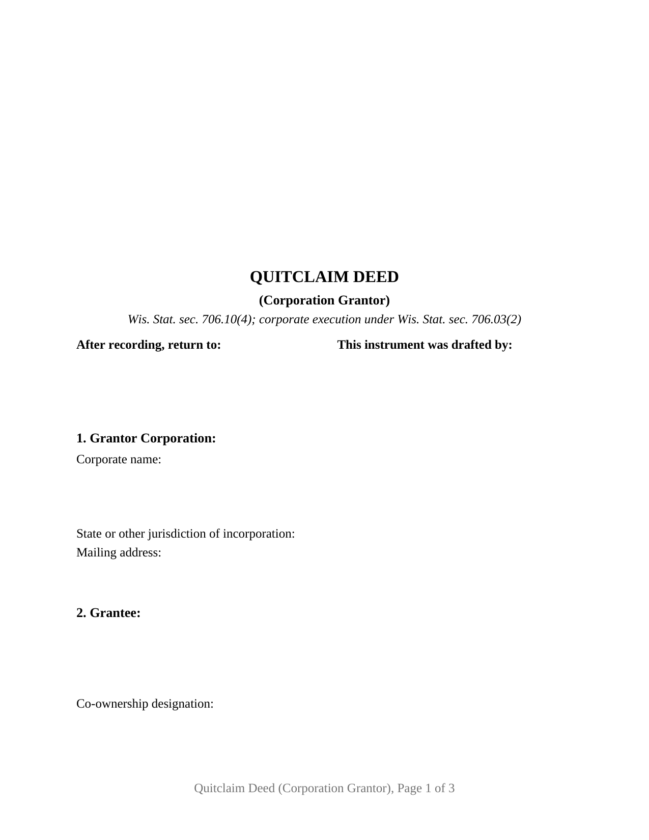 Forest County Quitclaim Deed (Corporation Grantor) Form