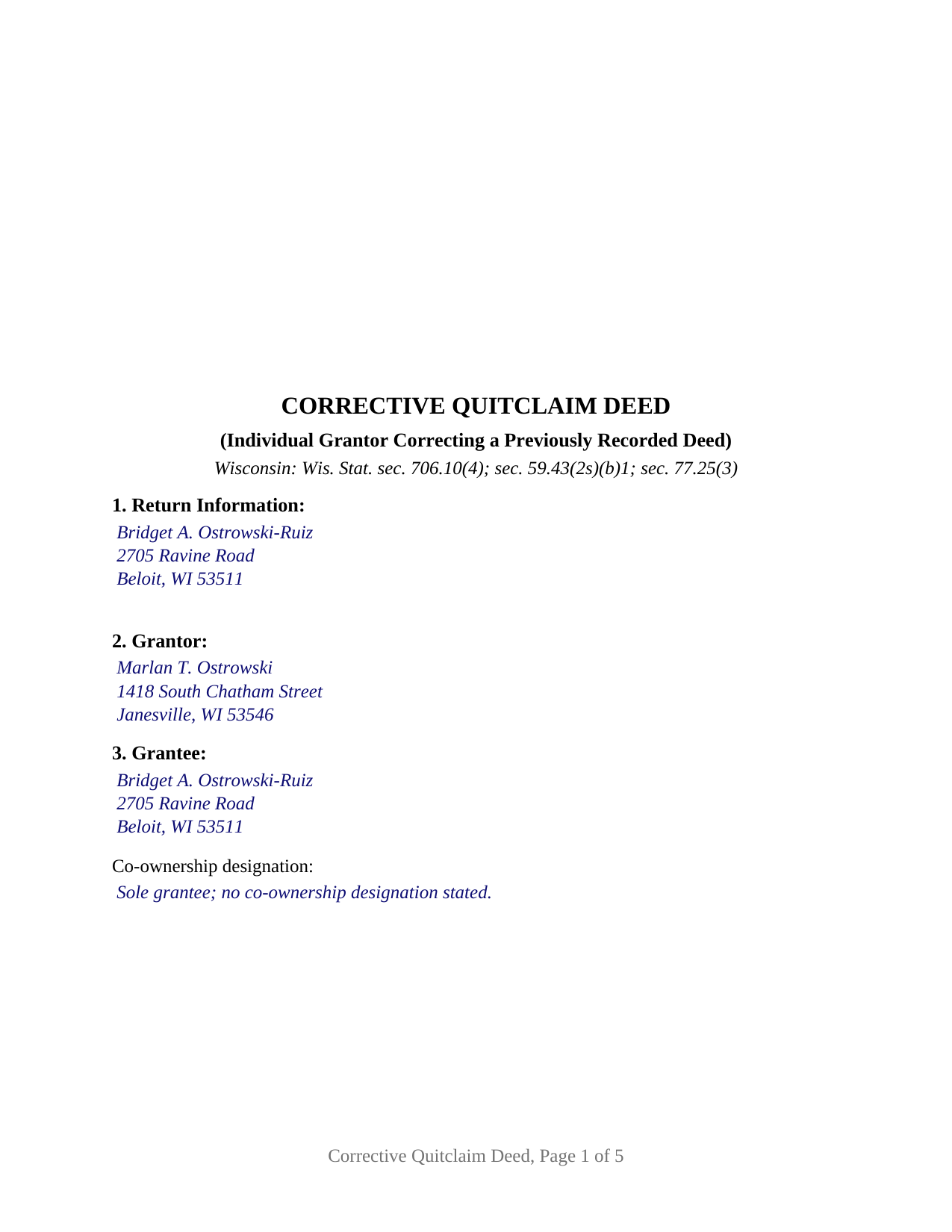 Chippewa County Completed Example of the Quitclaim Deed (Corrective) Document