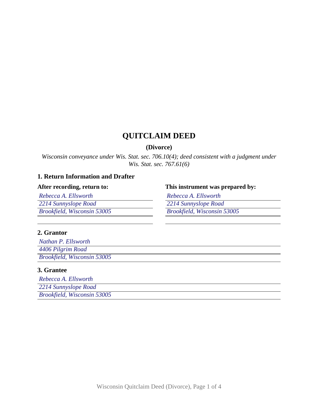 Outagamie County Completed Example of the Quitclaim Deed (Divorce) Document