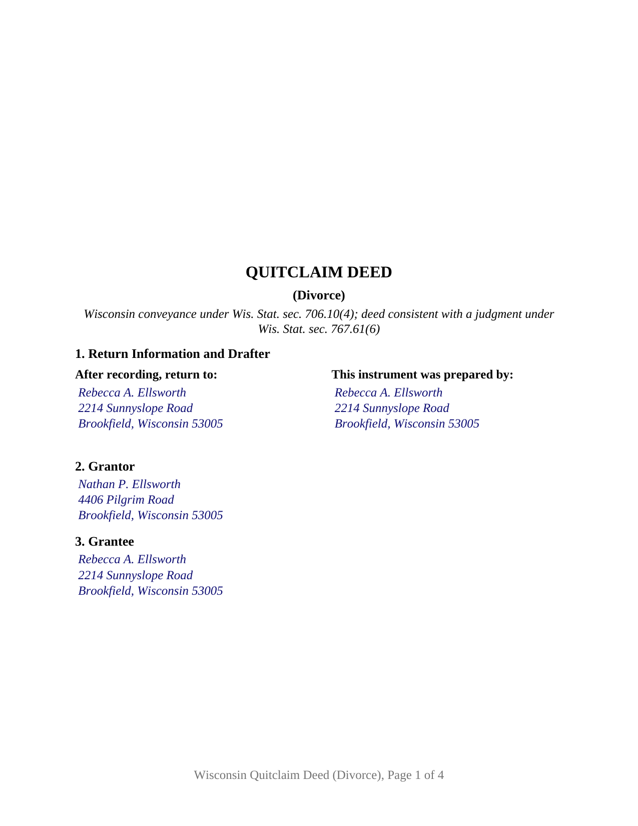Brown County Completed Example of the Quitclaim Deed (Divorce) Document