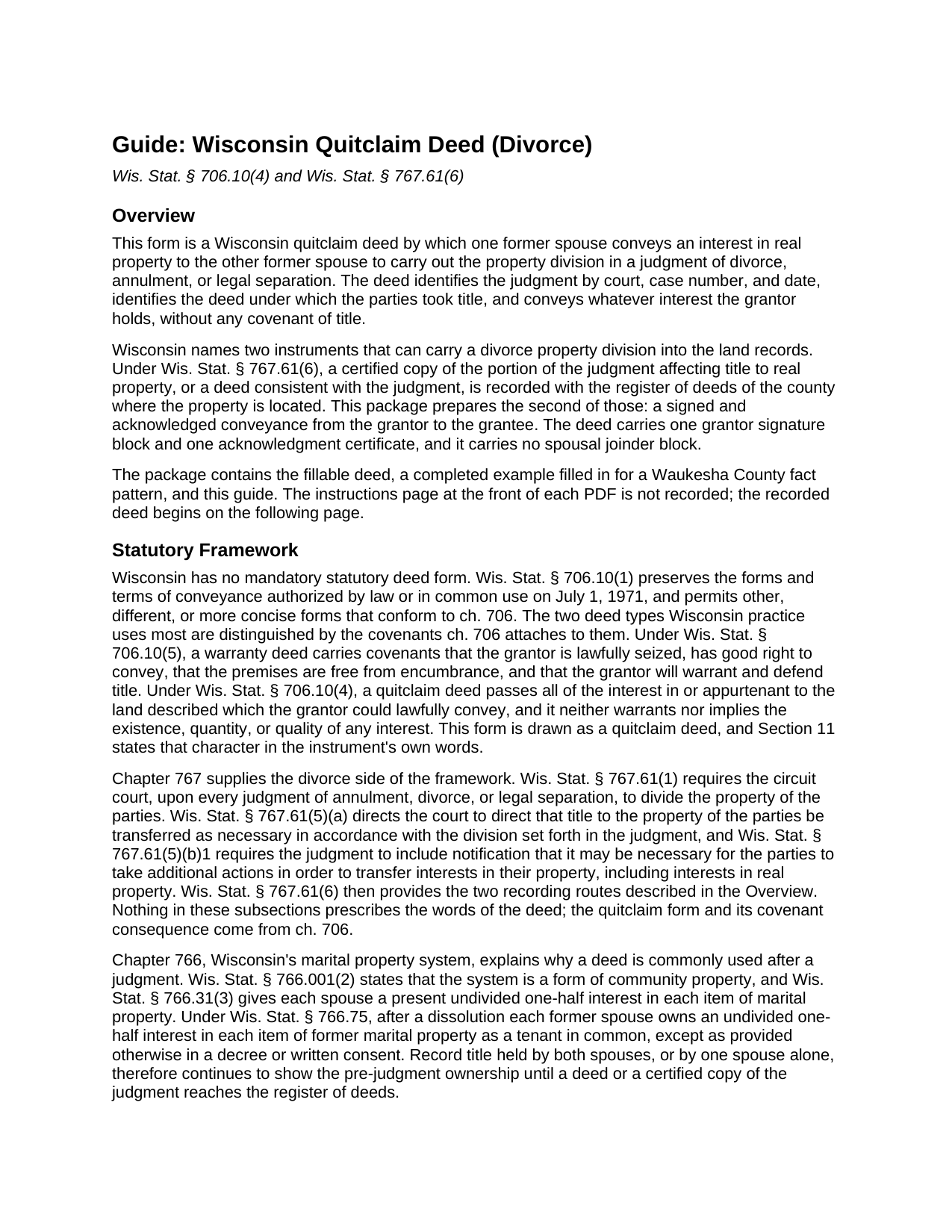 Brown County Quitclaim Deed (Divorce) Guide