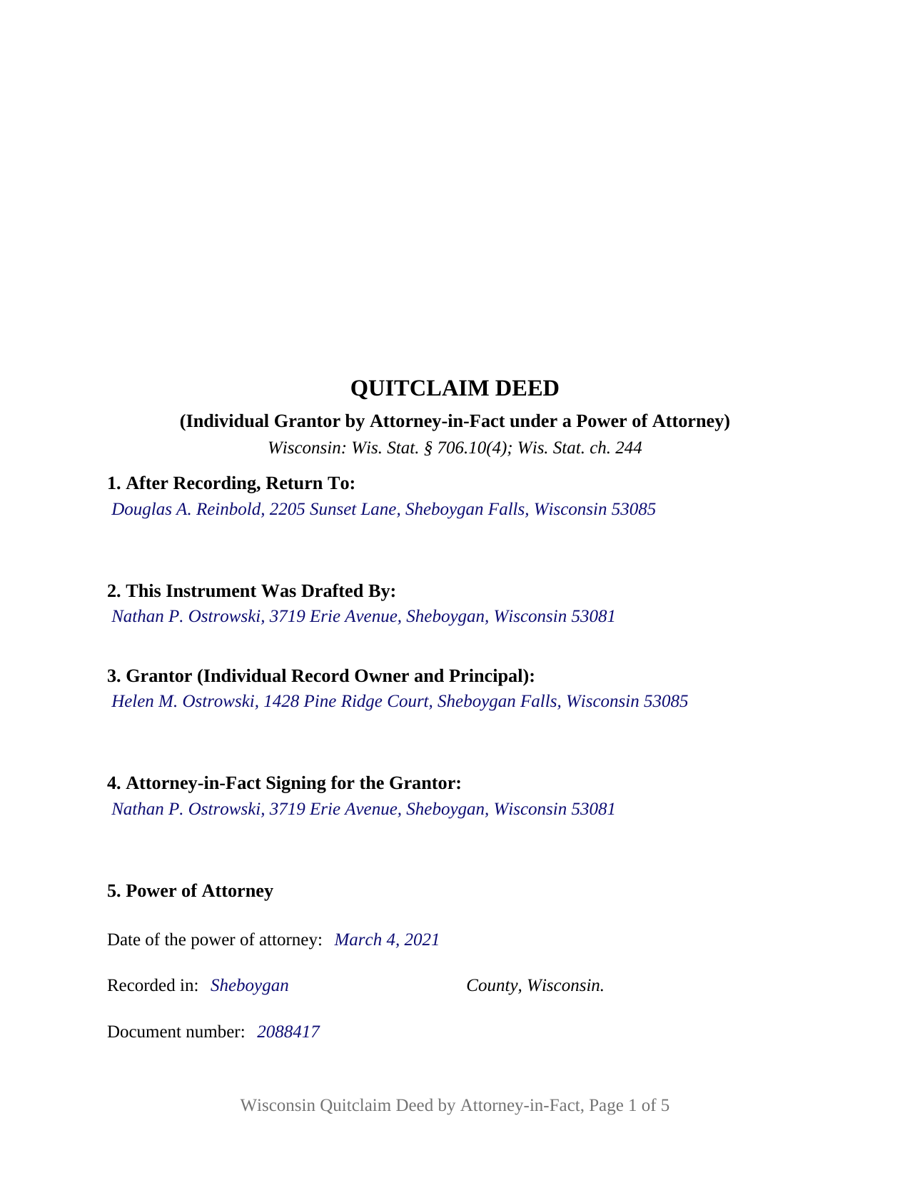 Vilas County Completed Example of the Quitclaim Deed (Individual Grantor by Attorney-in-Fact) Document