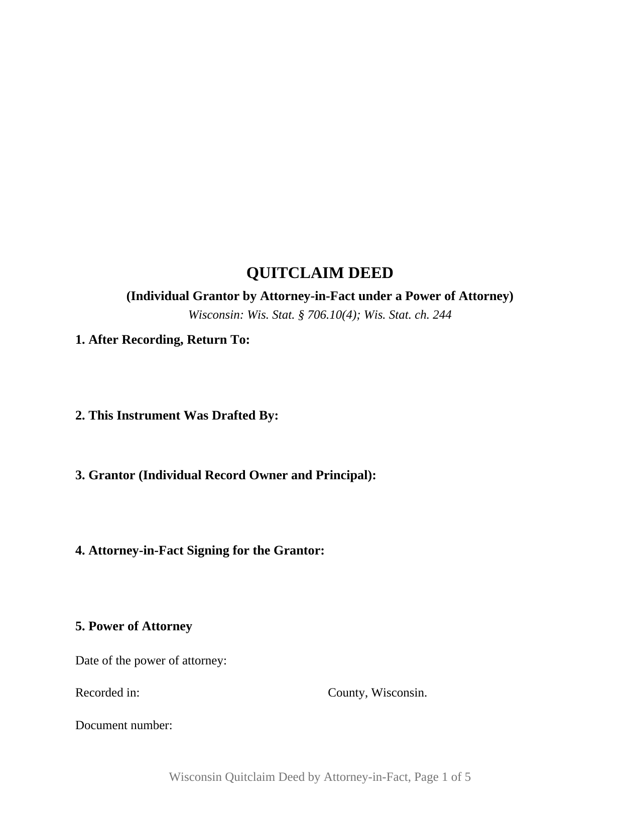 Vilas County Quitclaim Deed (Individual Grantor by Attorney-in-Fact) Form