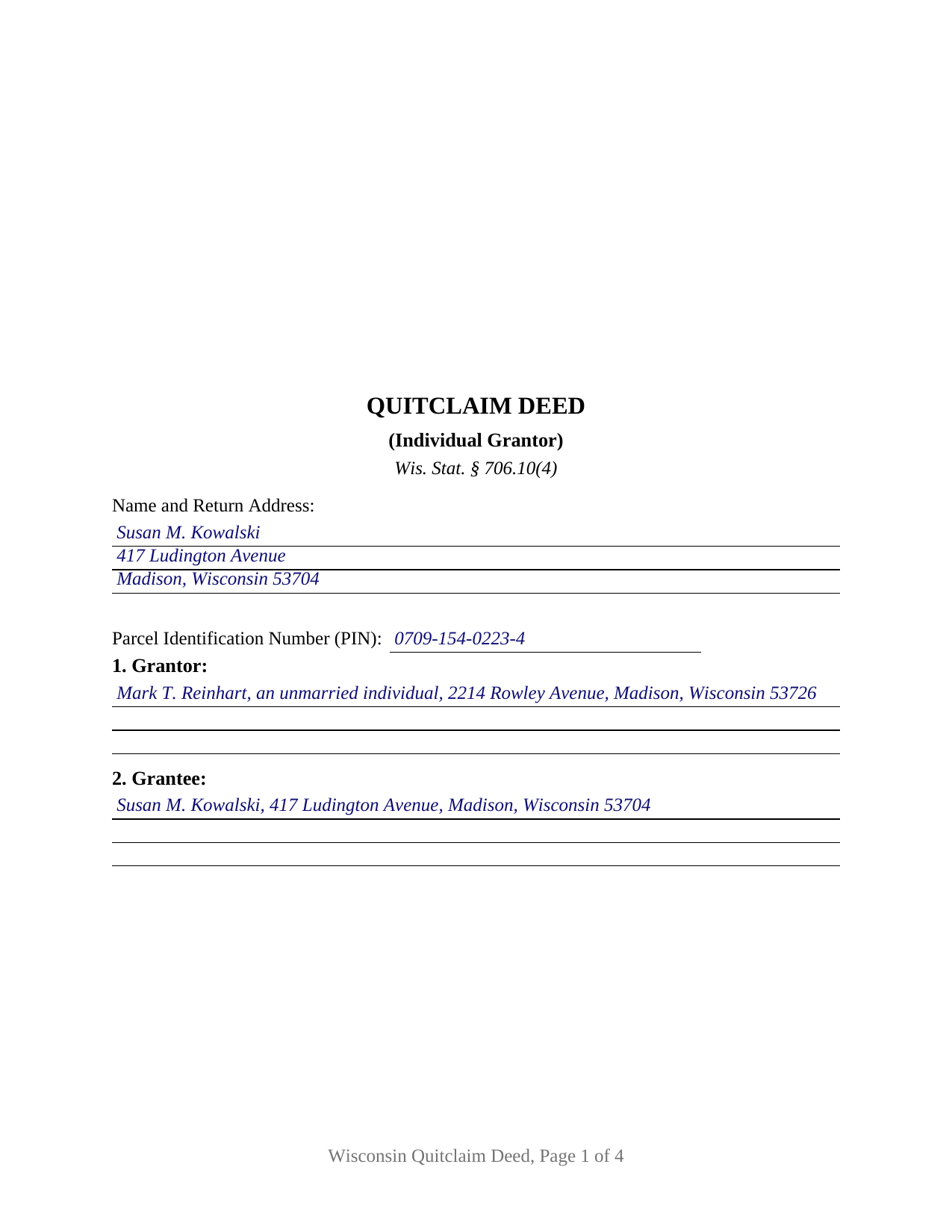 Menominee County Completed Example of the Quitclaim Deed (Individual Grantor) Document