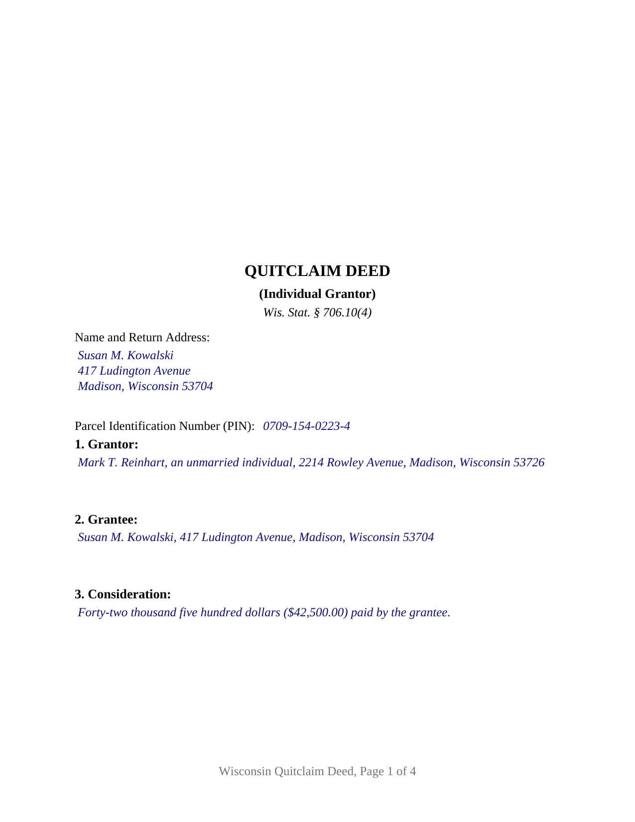 Eau Claire County Completed Example of the Quitclaim Deed (Individual Grantor) Document