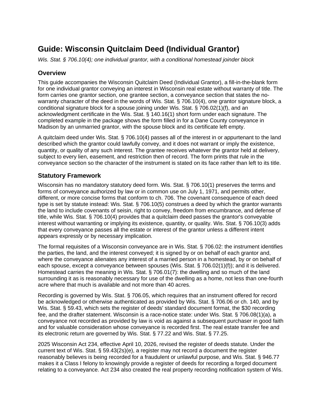 Eau Claire County Quitclaim Deed (Individual Grantor) Guide