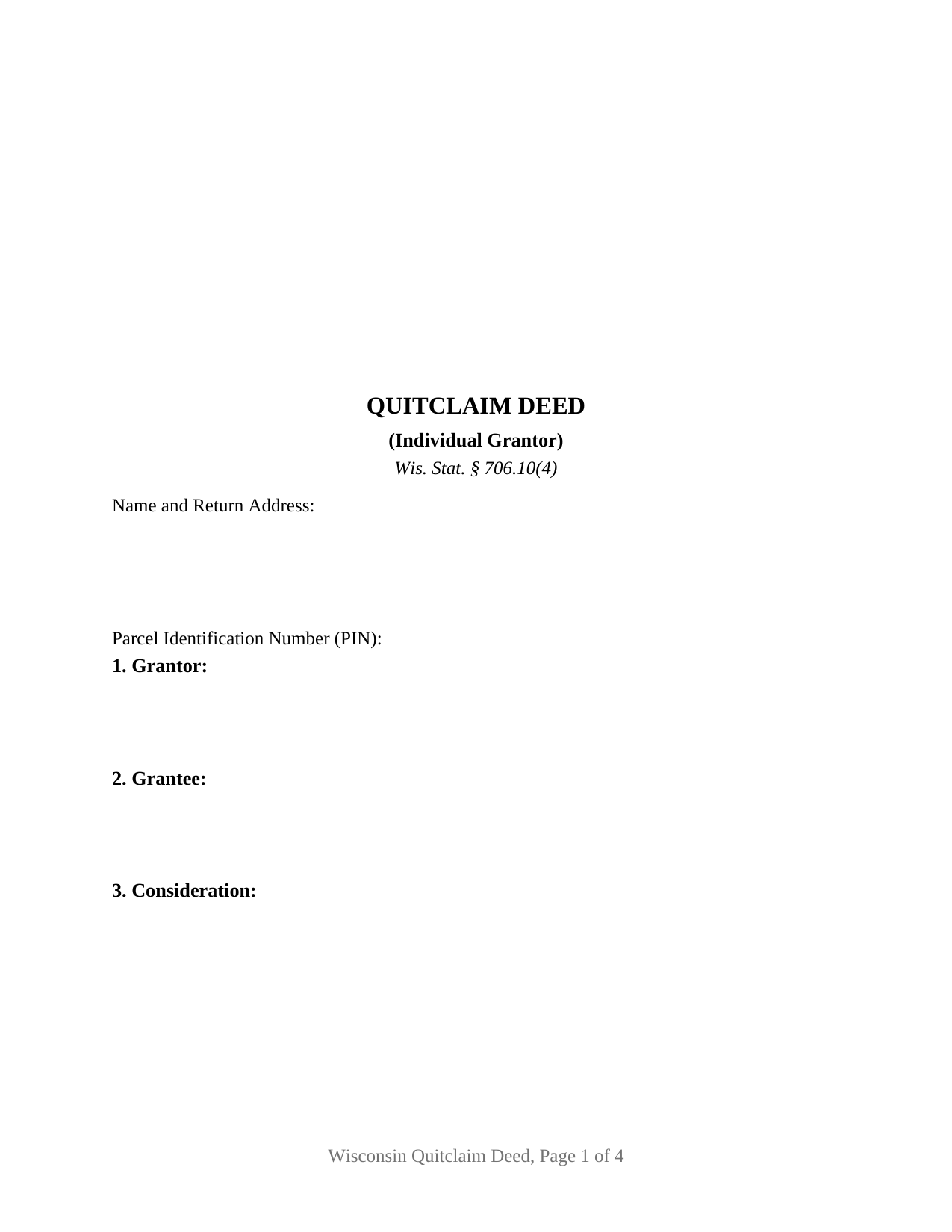 Eau Claire County Quitclaim Deed (Individual Grantor) Form