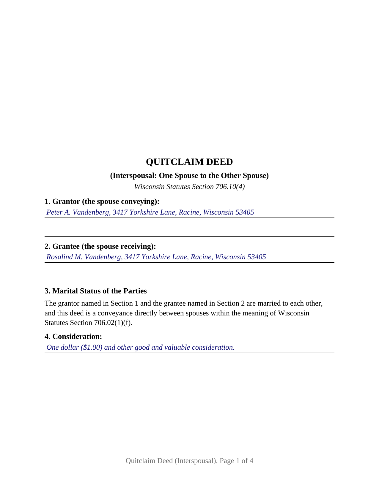 Price County Completed Example of the Quitclaim Deed (Interspousal) Document