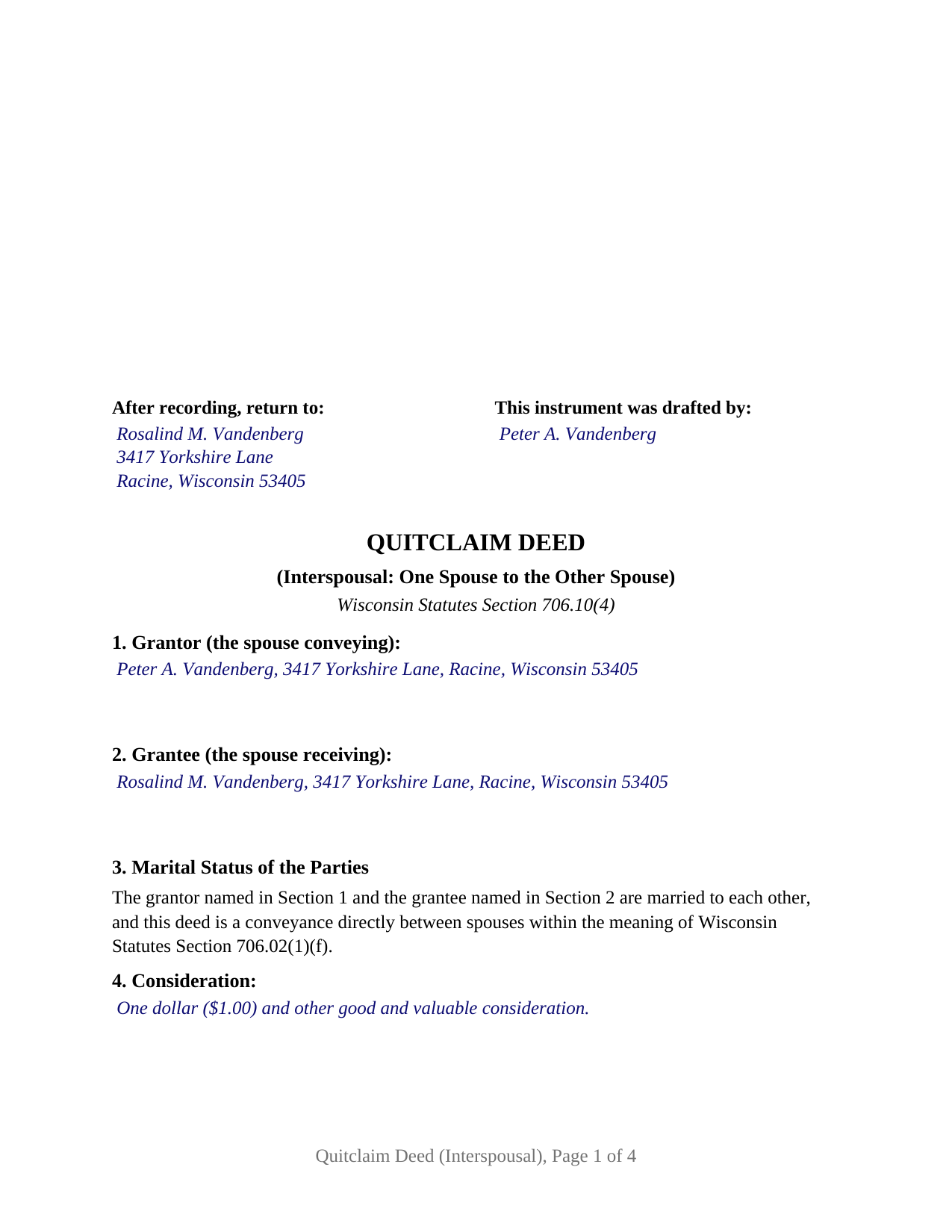 Iowa County Completed Example of the Quitclaim Deed (Interspousal) Document