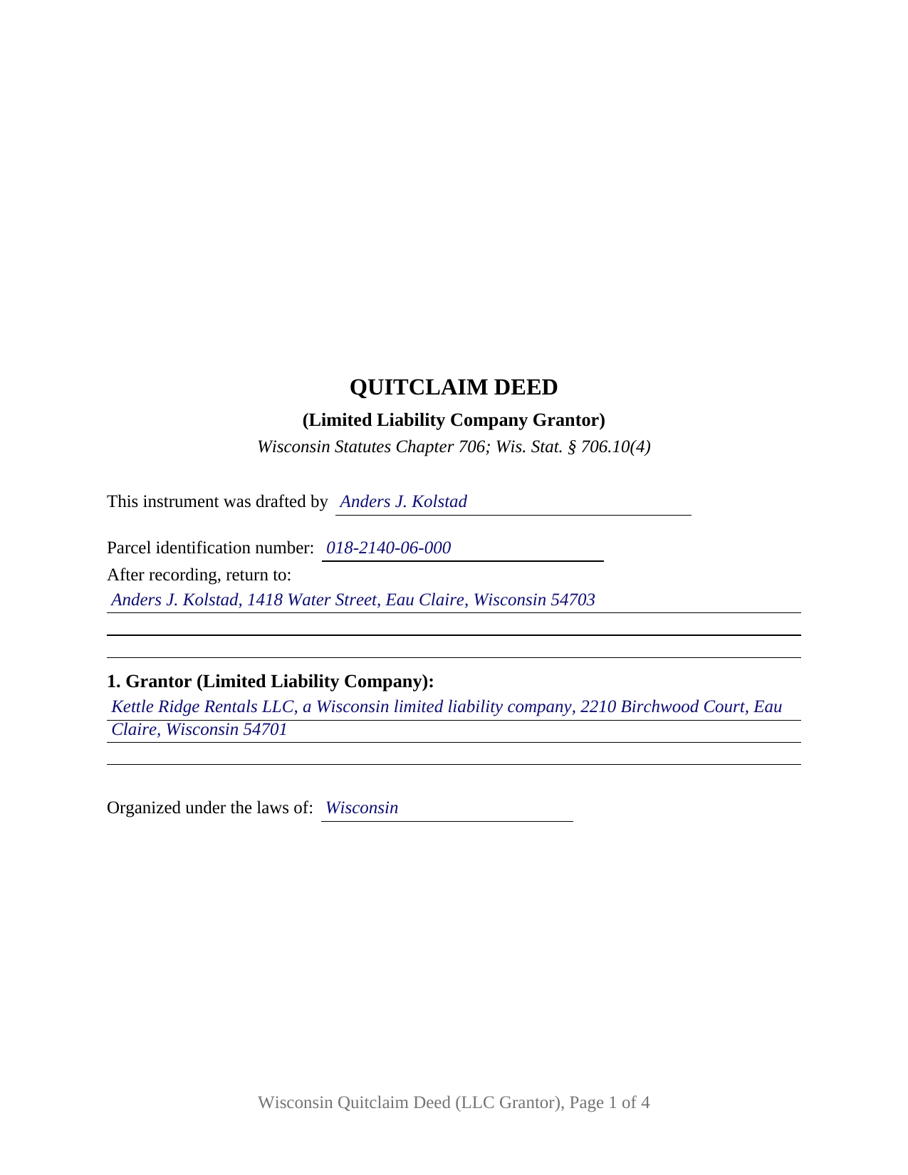Iron County Completed Example of the Quitclaim Deed (LLC Grantor) Document