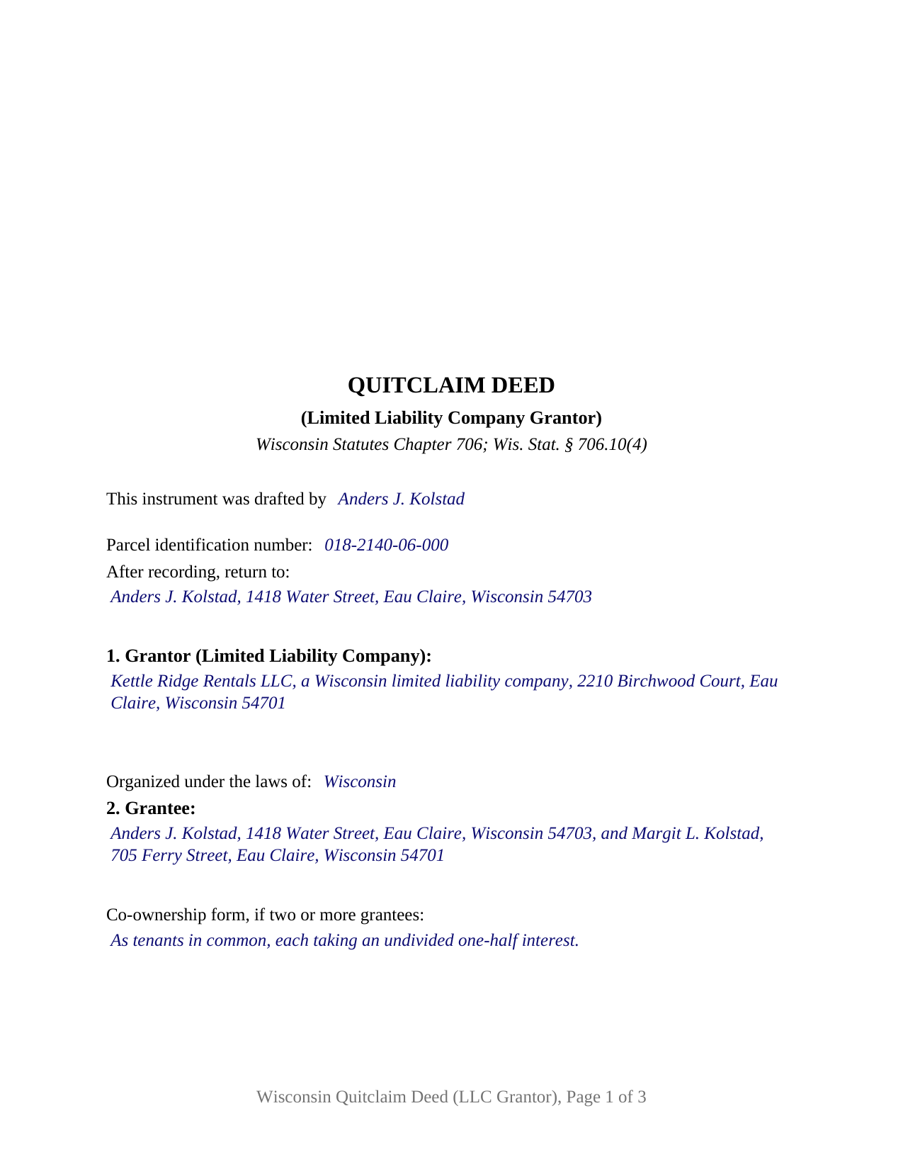 Langlade County Completed Example of the Quitclaim Deed (LLC Grantor) Document