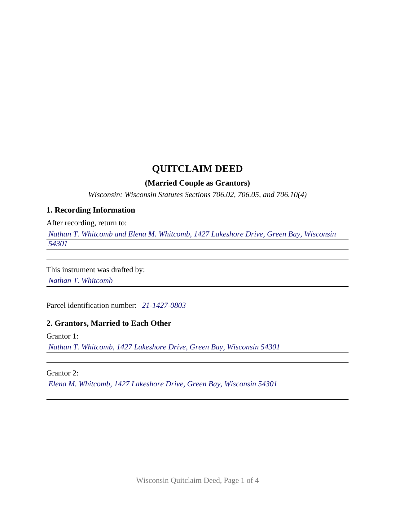 Waupaca County Completed Example of the Quitclaim Deed (Married Couple as Grantors) Document
