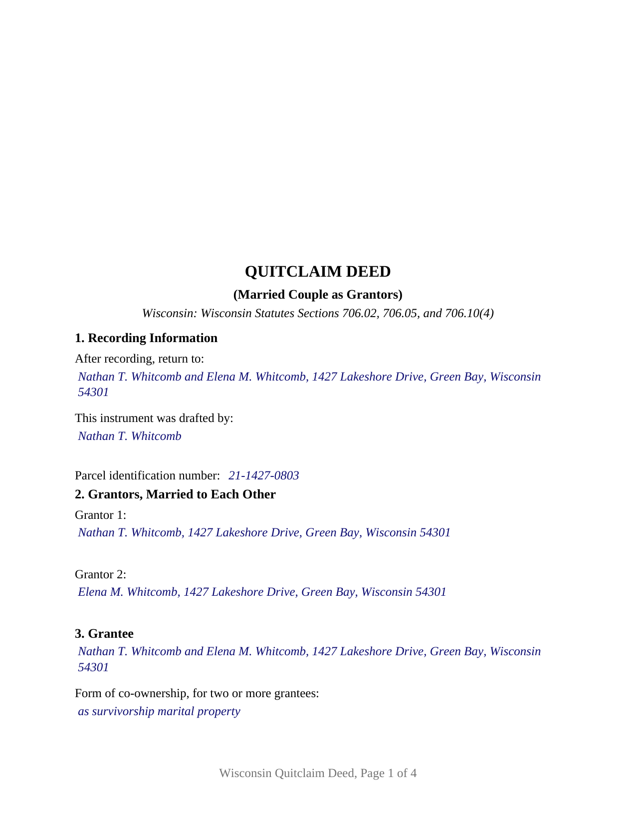 Langlade County Completed Example of the Quitclaim Deed (Married Couple as Grantors) Document