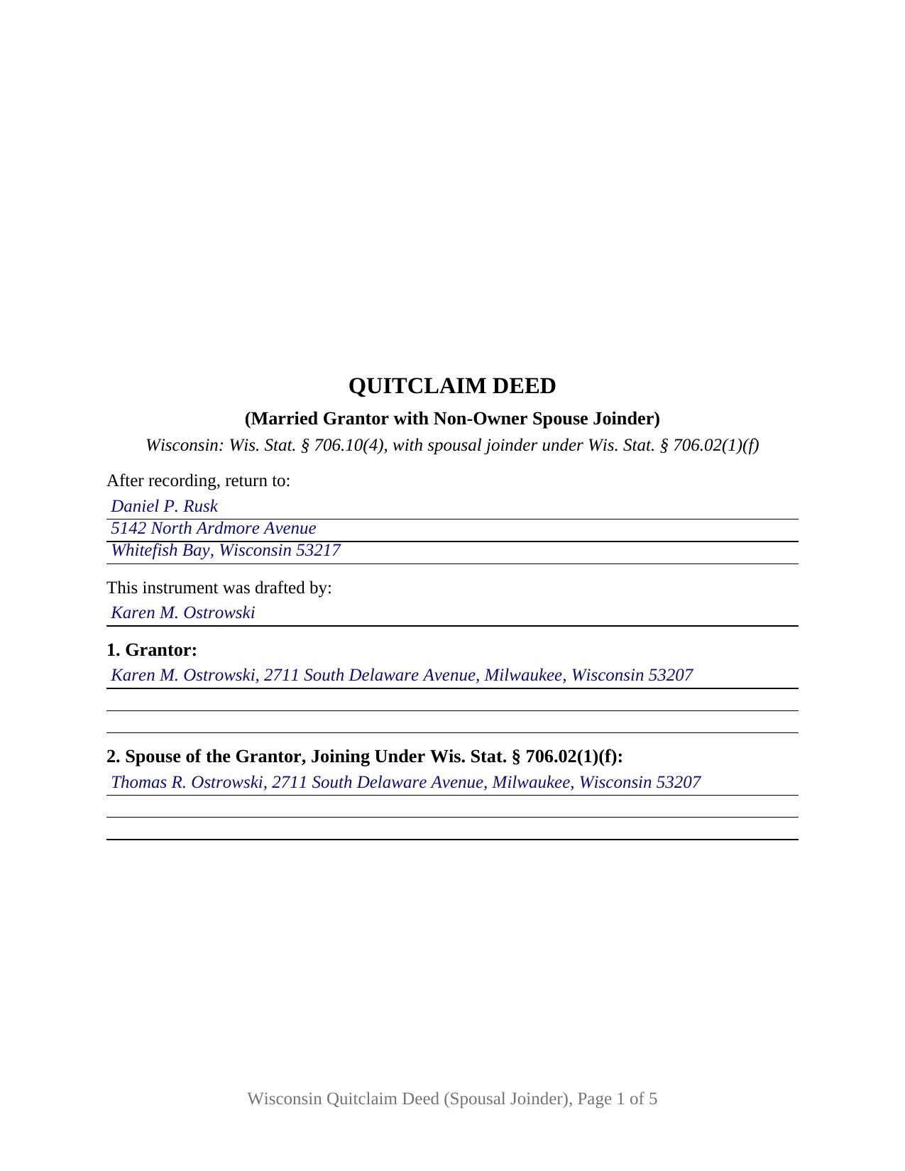 La Crosse County Completed Example of the Quitclaim Deed (Married Grantor with Non-Owner Spouse Joinder) Document