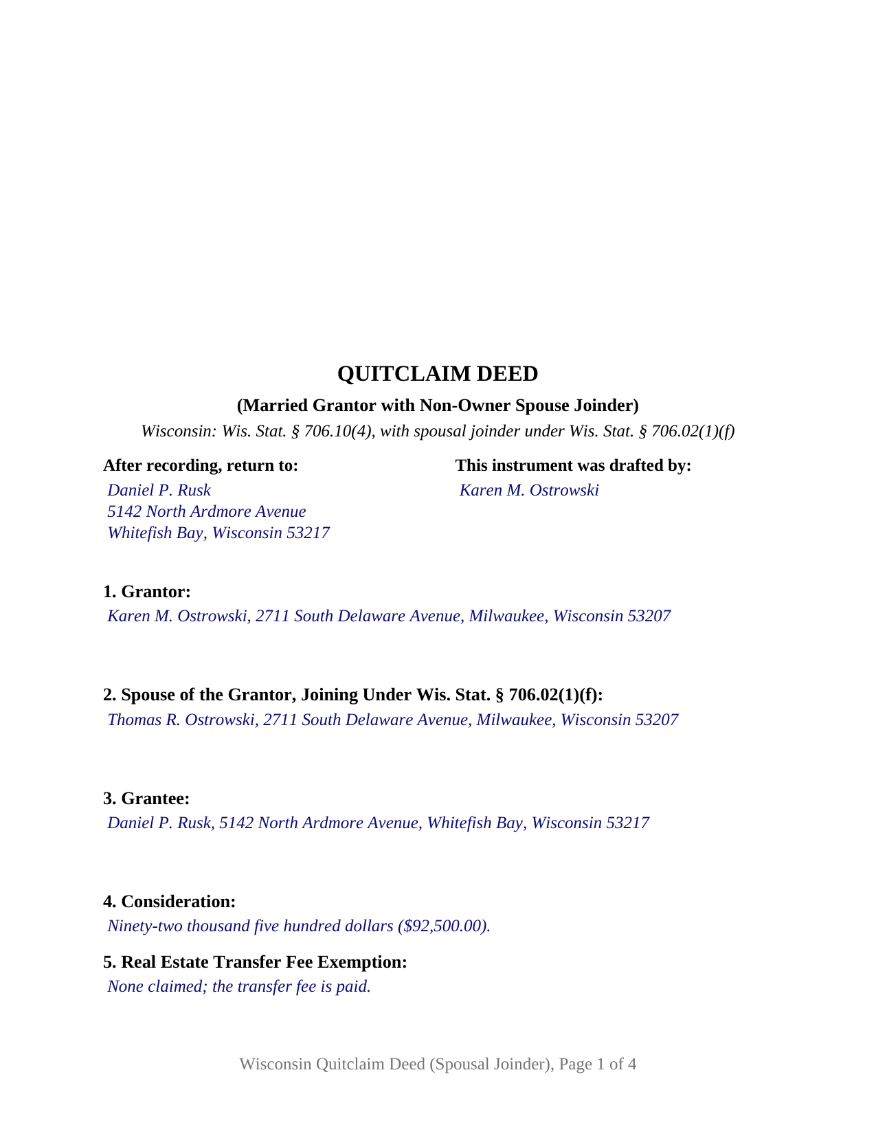 Forest County Completed Example of the Quitclaim Deed (Married Grantor with Non-Owner Spouse Joinder) Document