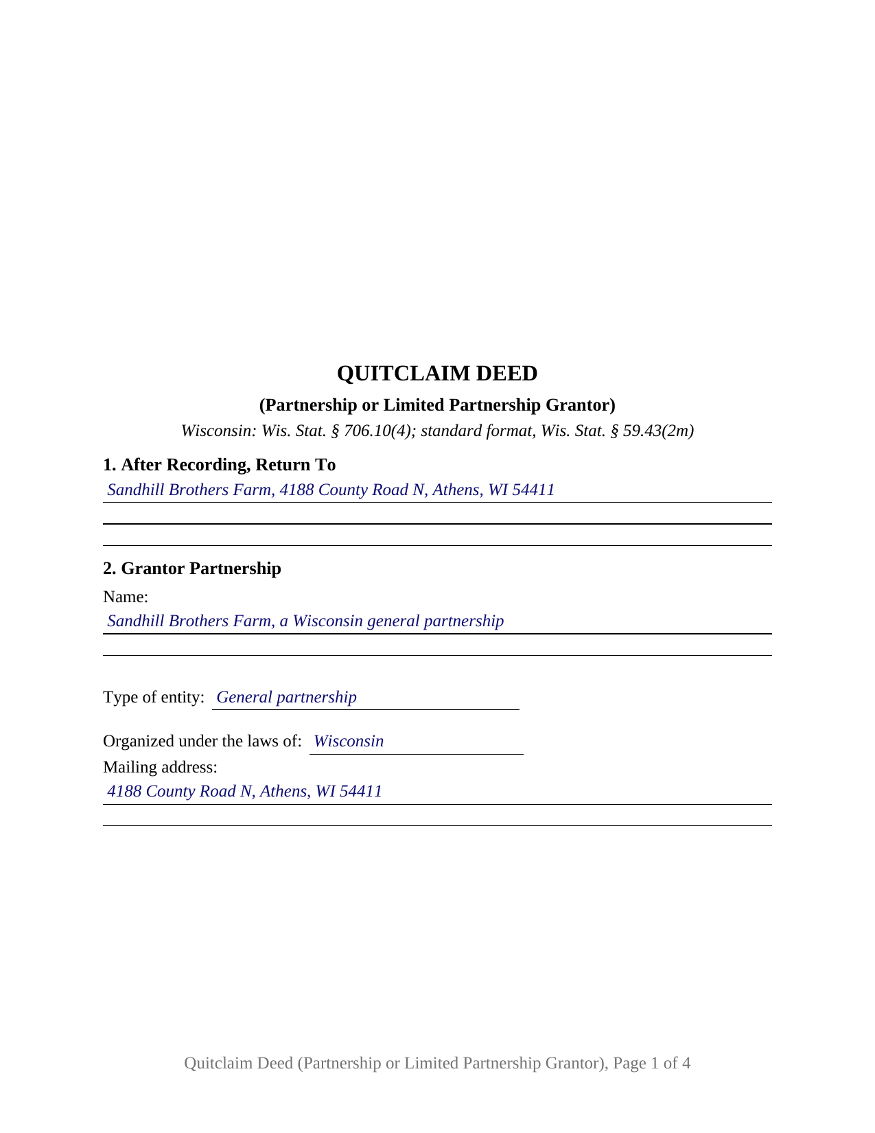 Barron County Completed Example of the Quitclaim Deed (Partnership or Limited Partnership Grantor) Document