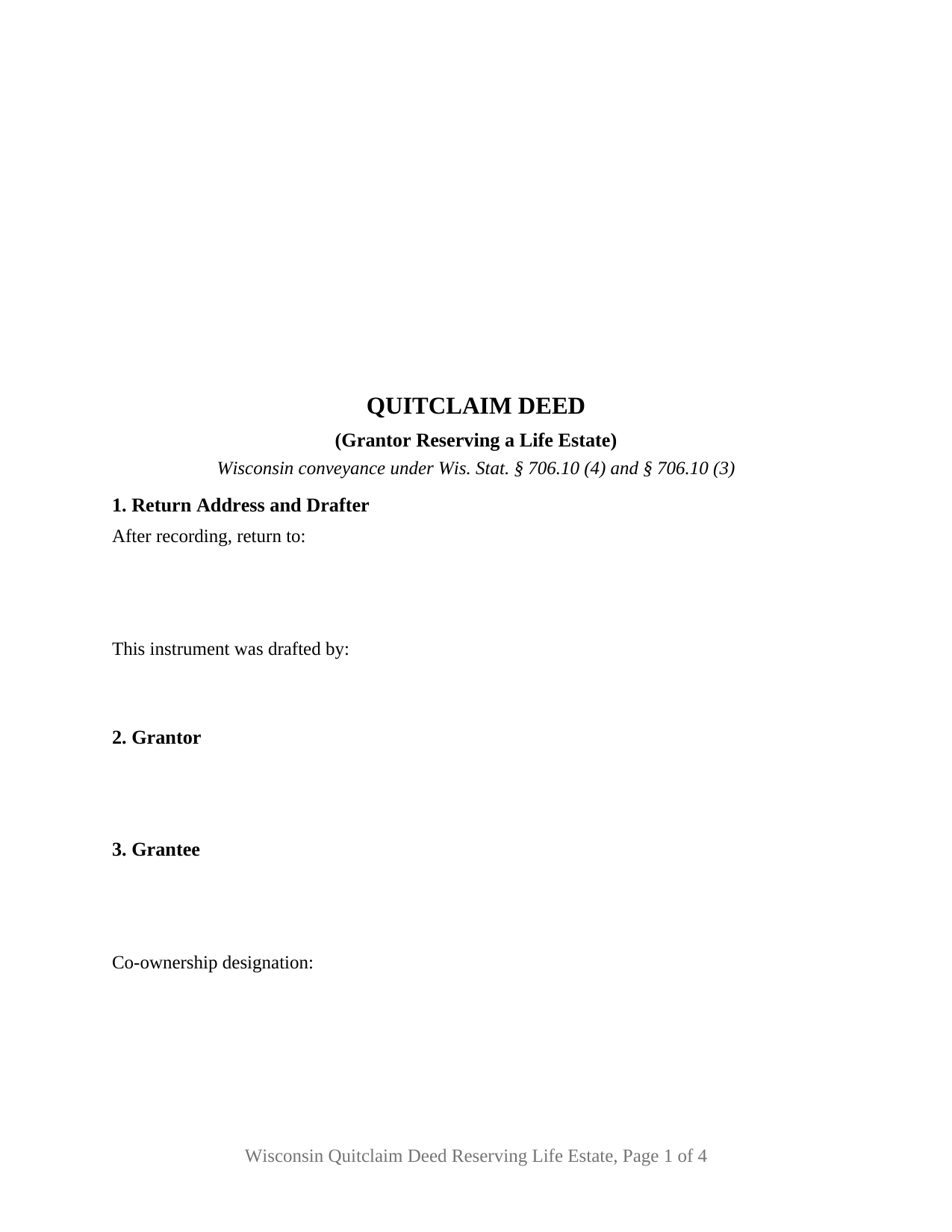 Chippewa County Quitclaim Deed (Reserving Life Estate) Form