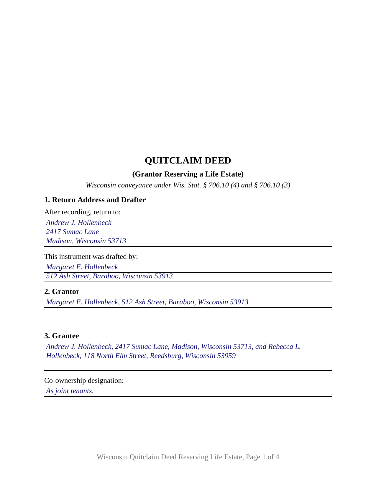 Chippewa County Completed Example of the Quitclaim Deed (Reserving Life Estate) Document