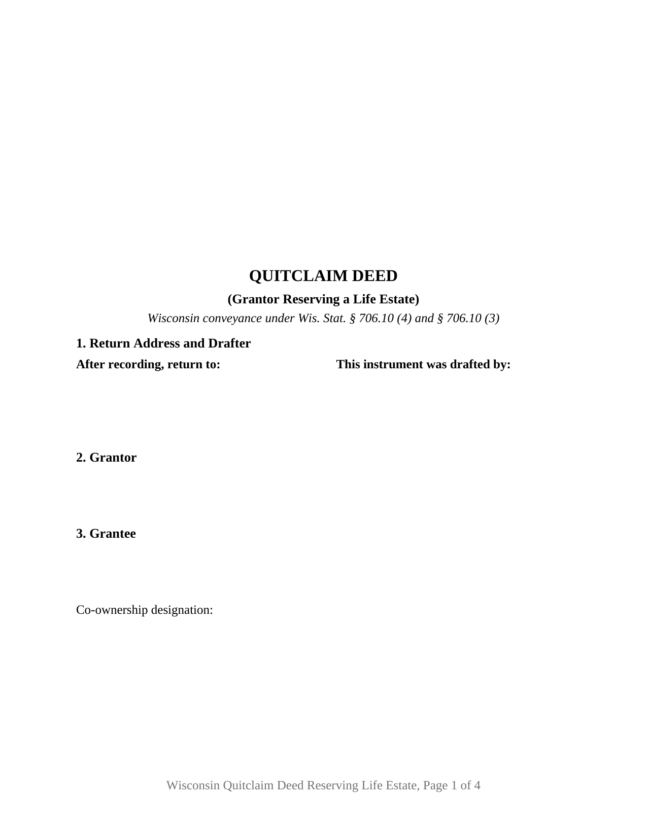 Vernon County Quitclaim Deed (Reserving Life Estate) Form