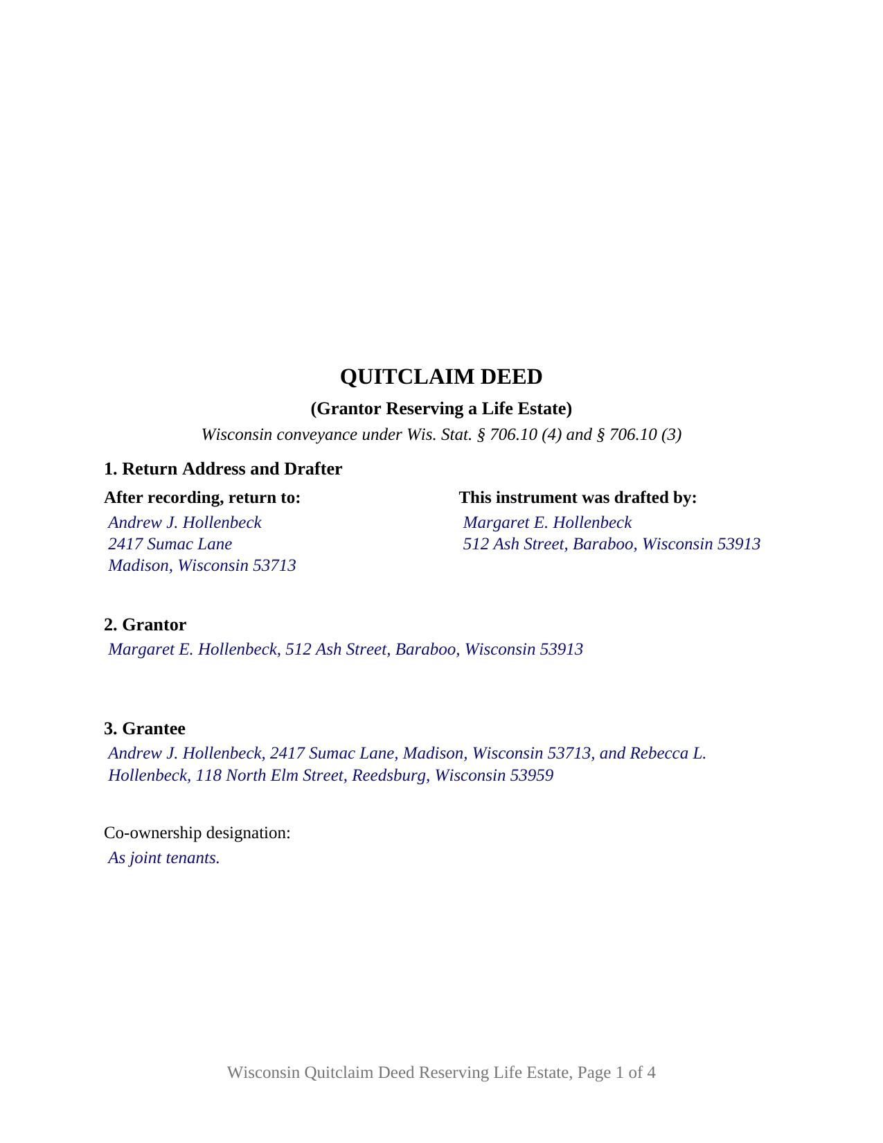 Vernon County Completed Example of the Quitclaim Deed (Reserving Life Estate) Document