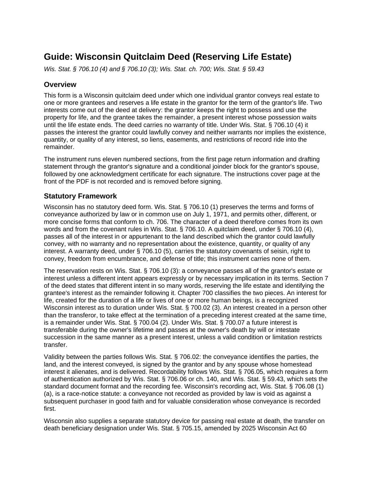 Vernon County Quitclaim Deed (Reserving Life Estate) Guide