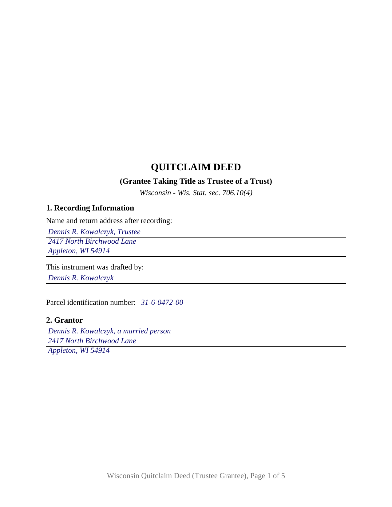 Iron County Completed Example of the Quitclaim Deed (Trustee Grantee) Document