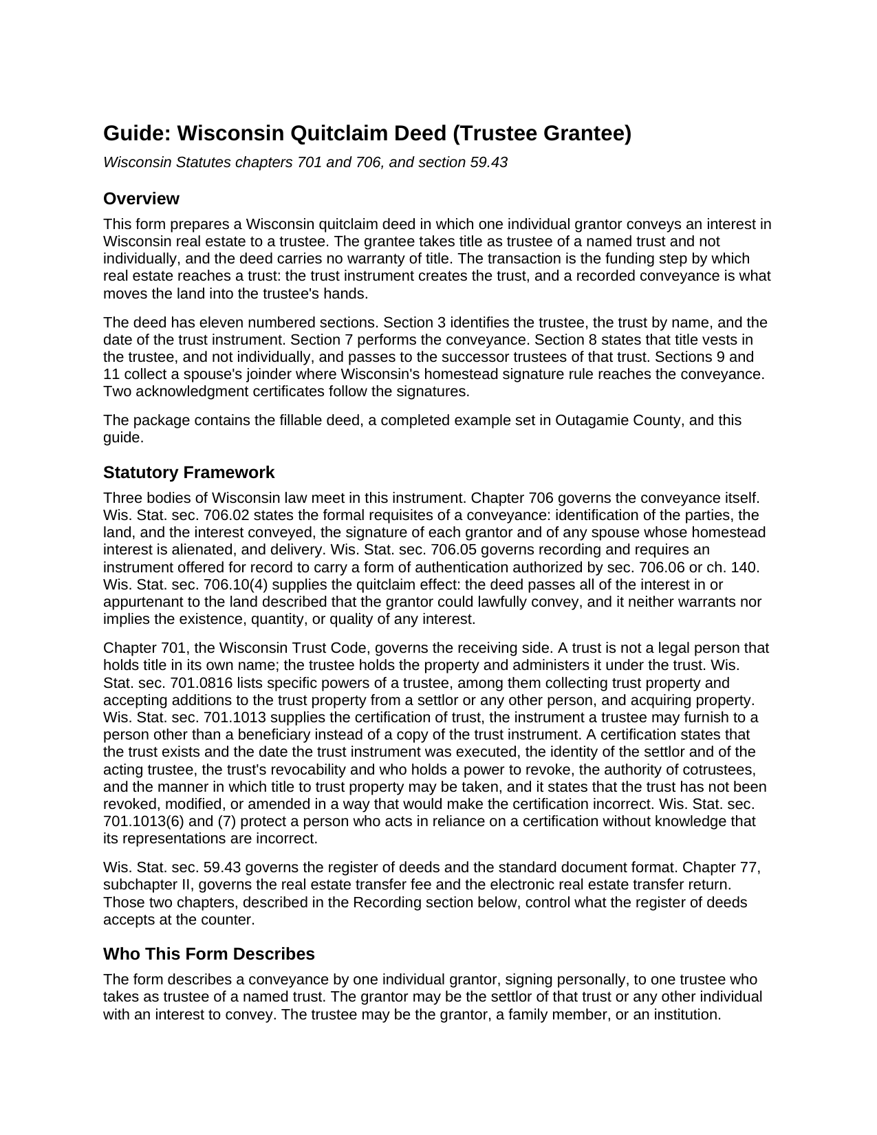 Iron County Quitclaim Deed (Trustee Grantee) Guide