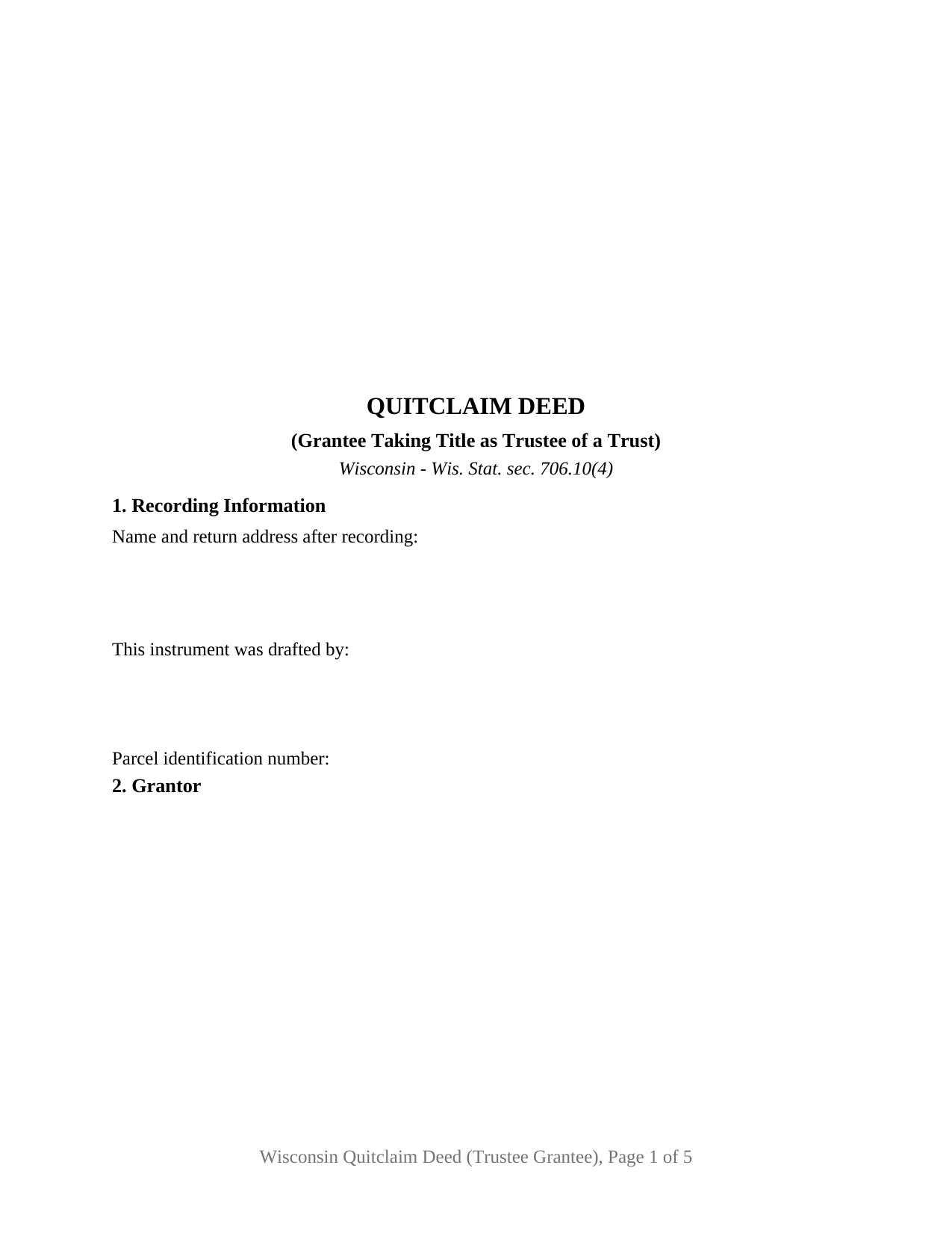 Brown County Quitclaim Deed (Trustee Grantee) Form