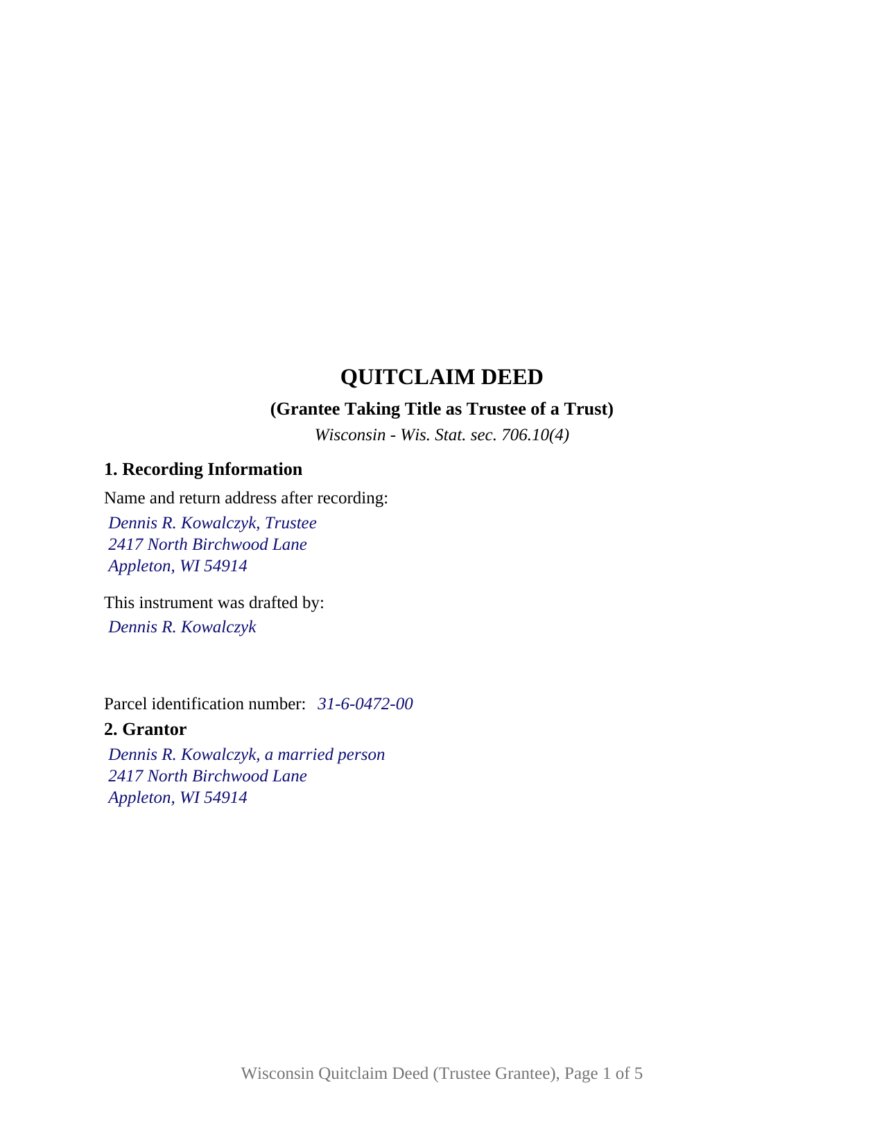 Brown County Completed Example of the Quitclaim Deed (Trustee Grantee) Document
