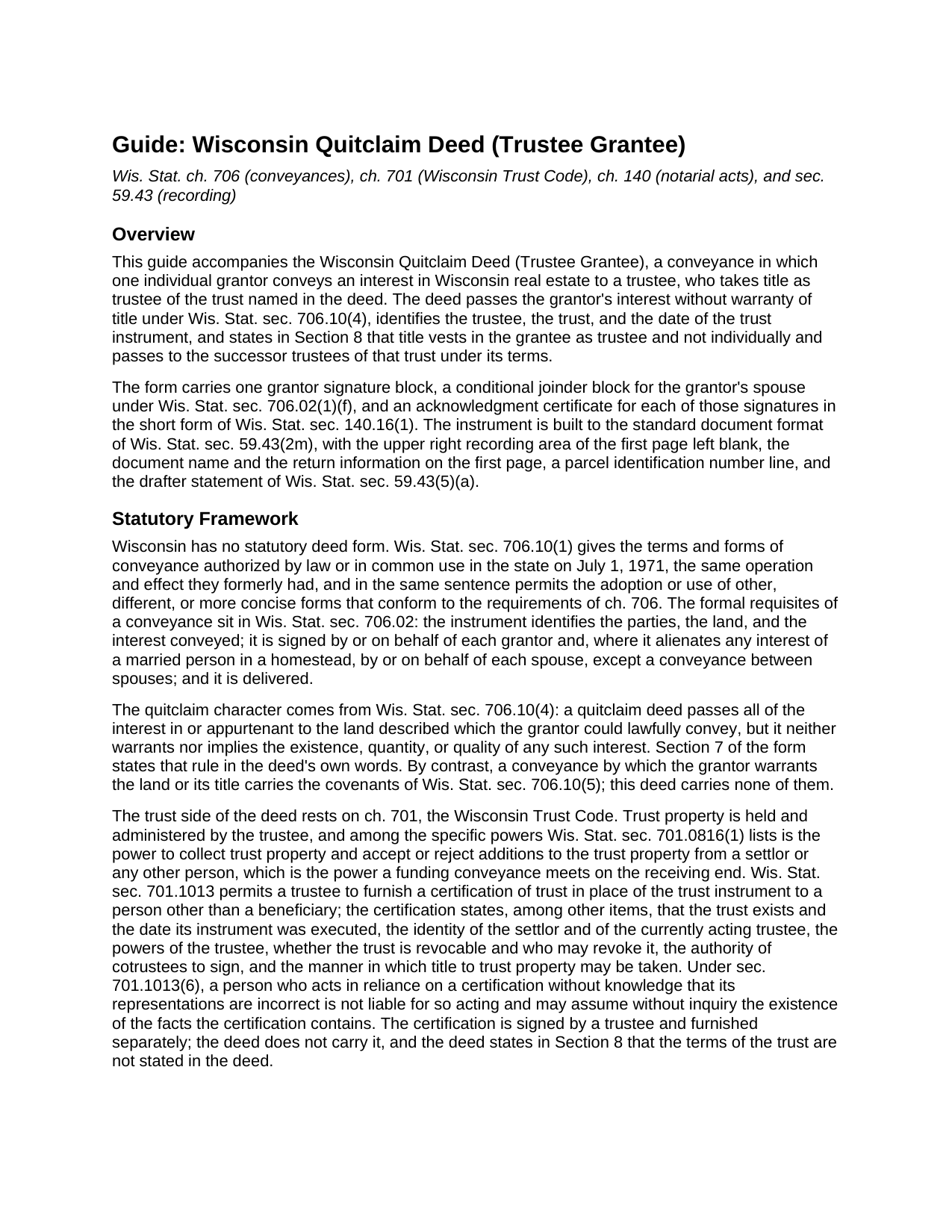 Brown County Quitclaim Deed (Trustee Grantee) Guide