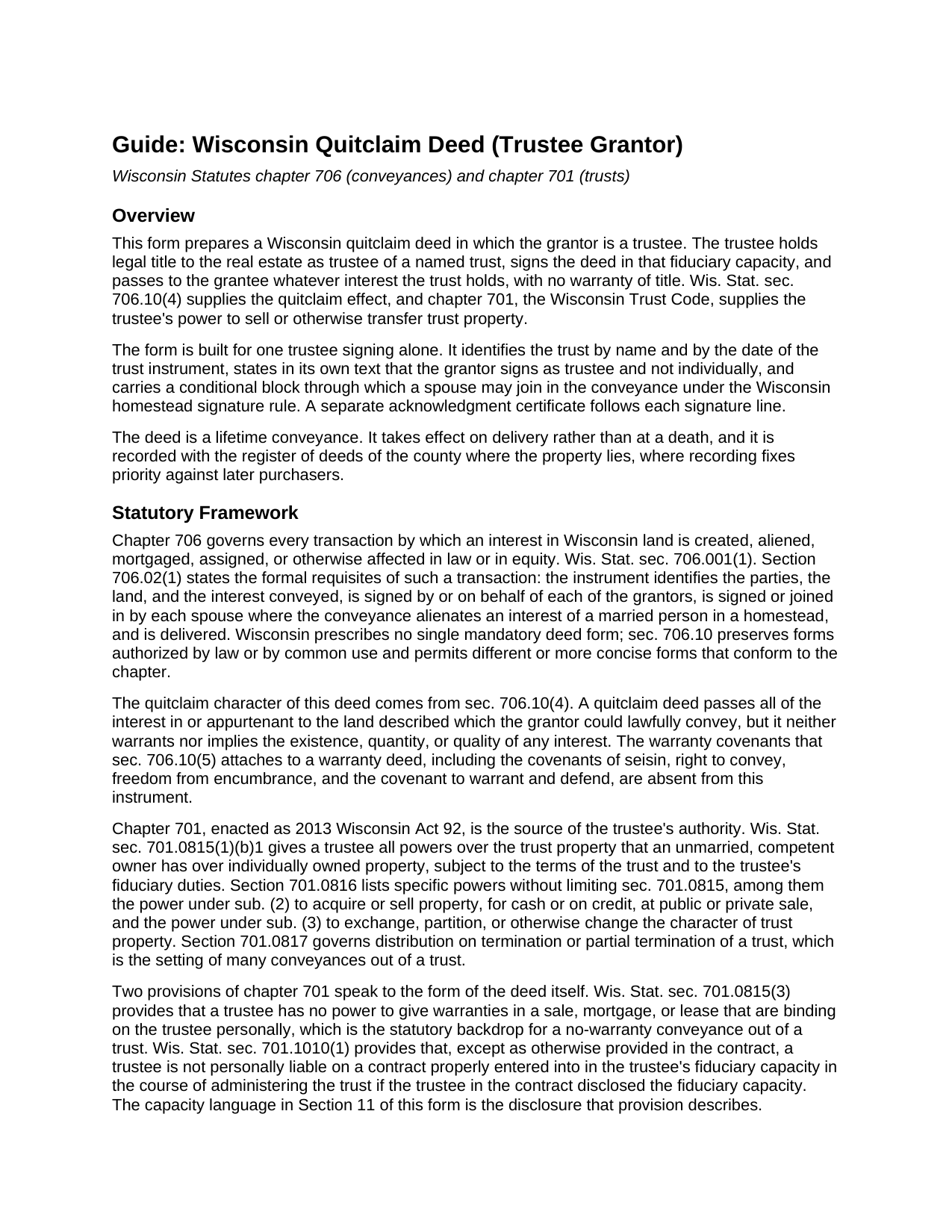 Shawano County Quitclaim Deed (Trustee Grantor) Guide