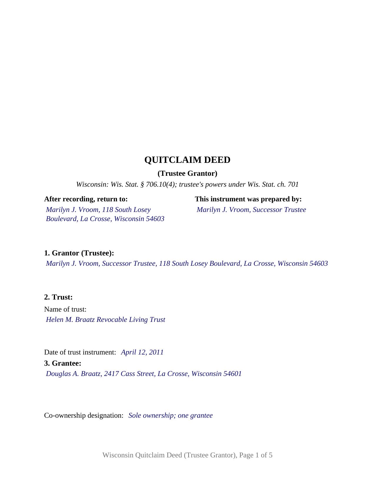 Langlade County Completed Example of the Quitclaim Deed (Trustee Grantor) Document
