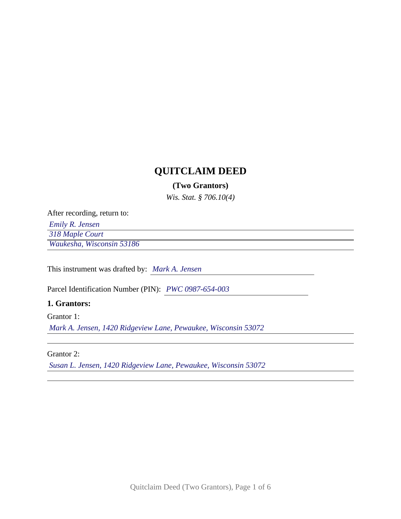 Grant County Completed Example of the Quitclaim Deed (Two Grantors) Document