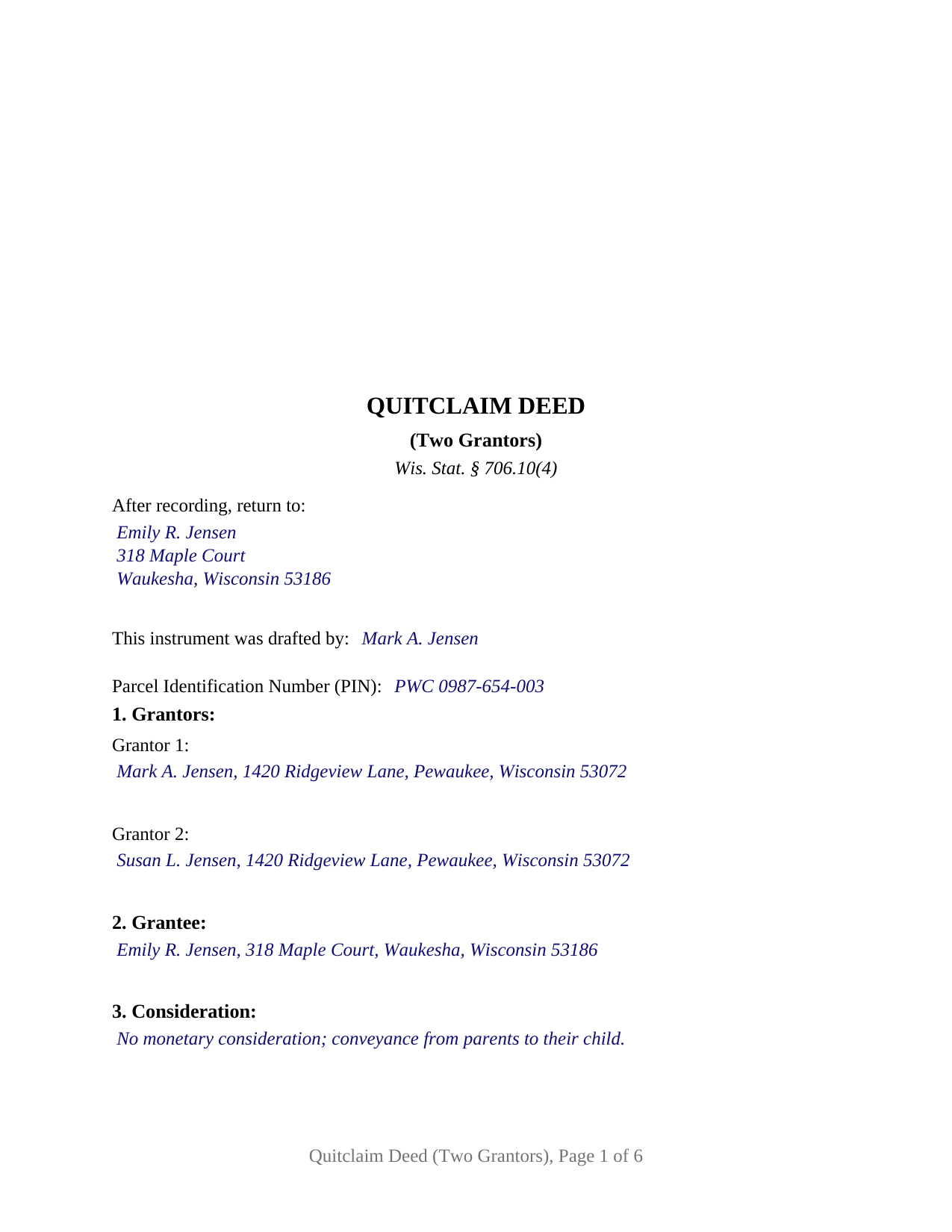 Forest County Completed Example of the Quitclaim Deed (Two Grantors) Document