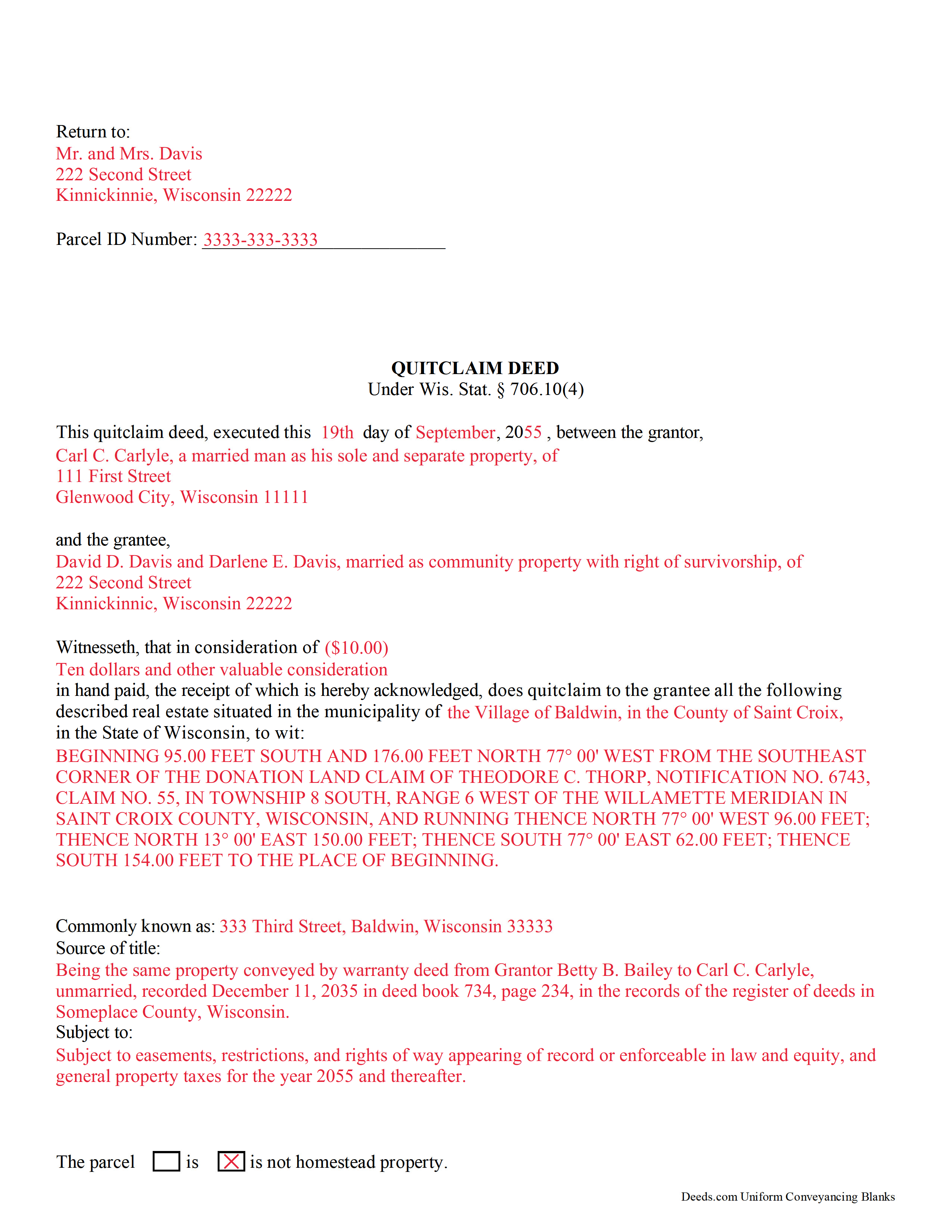 Completed Example of the Quitclaim Deed Document