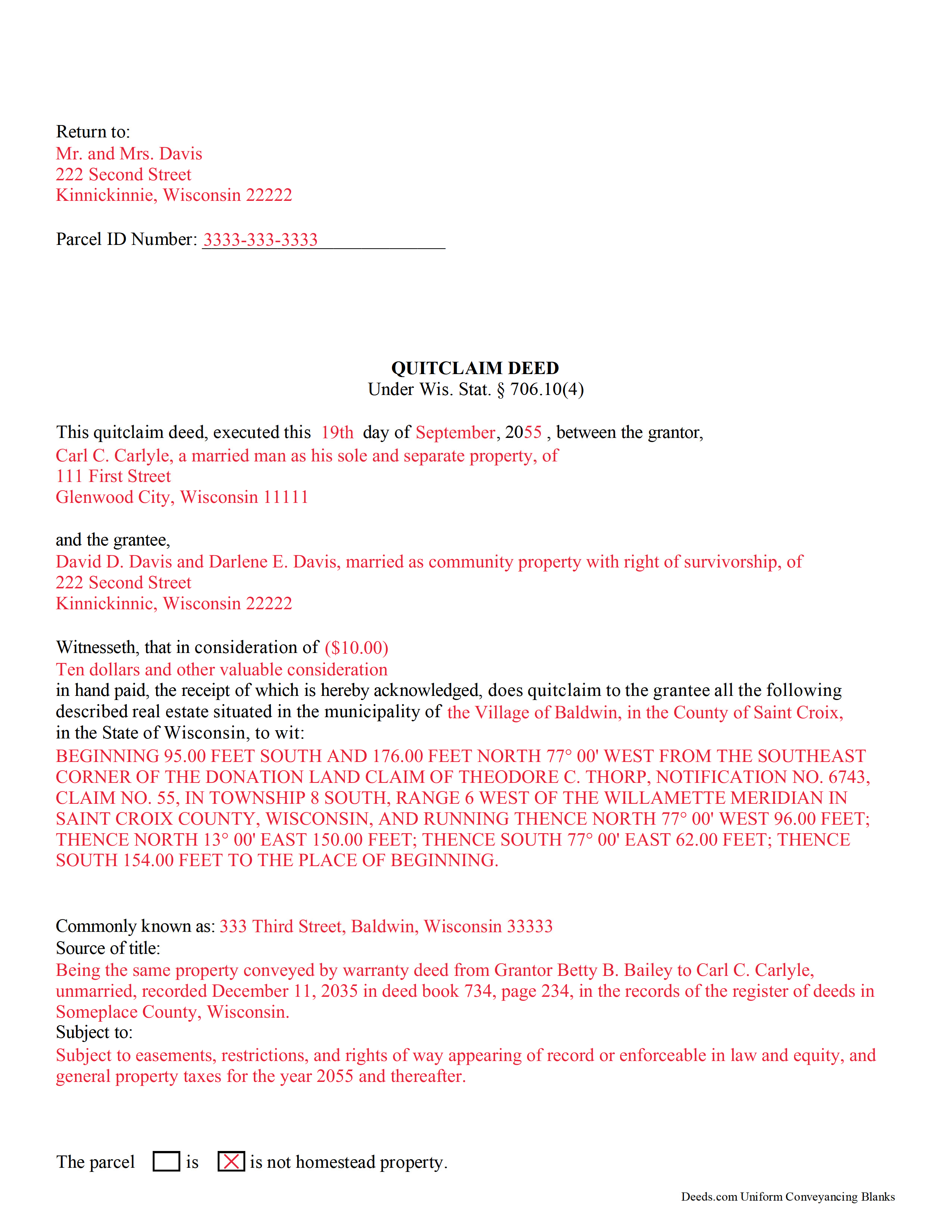 Pepin County Completed Example of the Quitclaim Deed Document