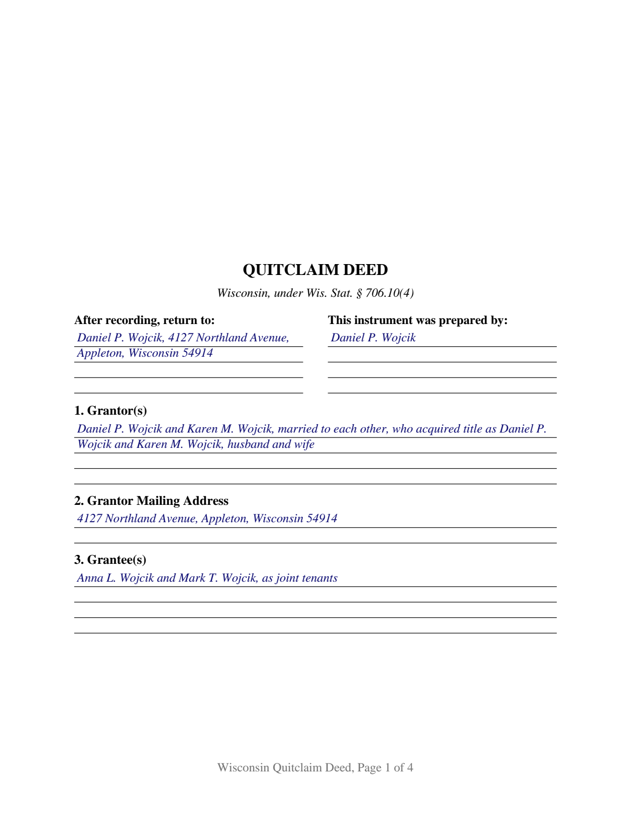 Ozaukee County Completed Example of the Quitclaim Deed Document