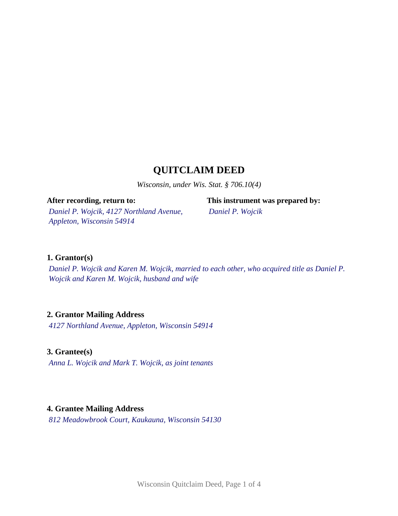 Forest County Completed Example of the Quitclaim Deed Document