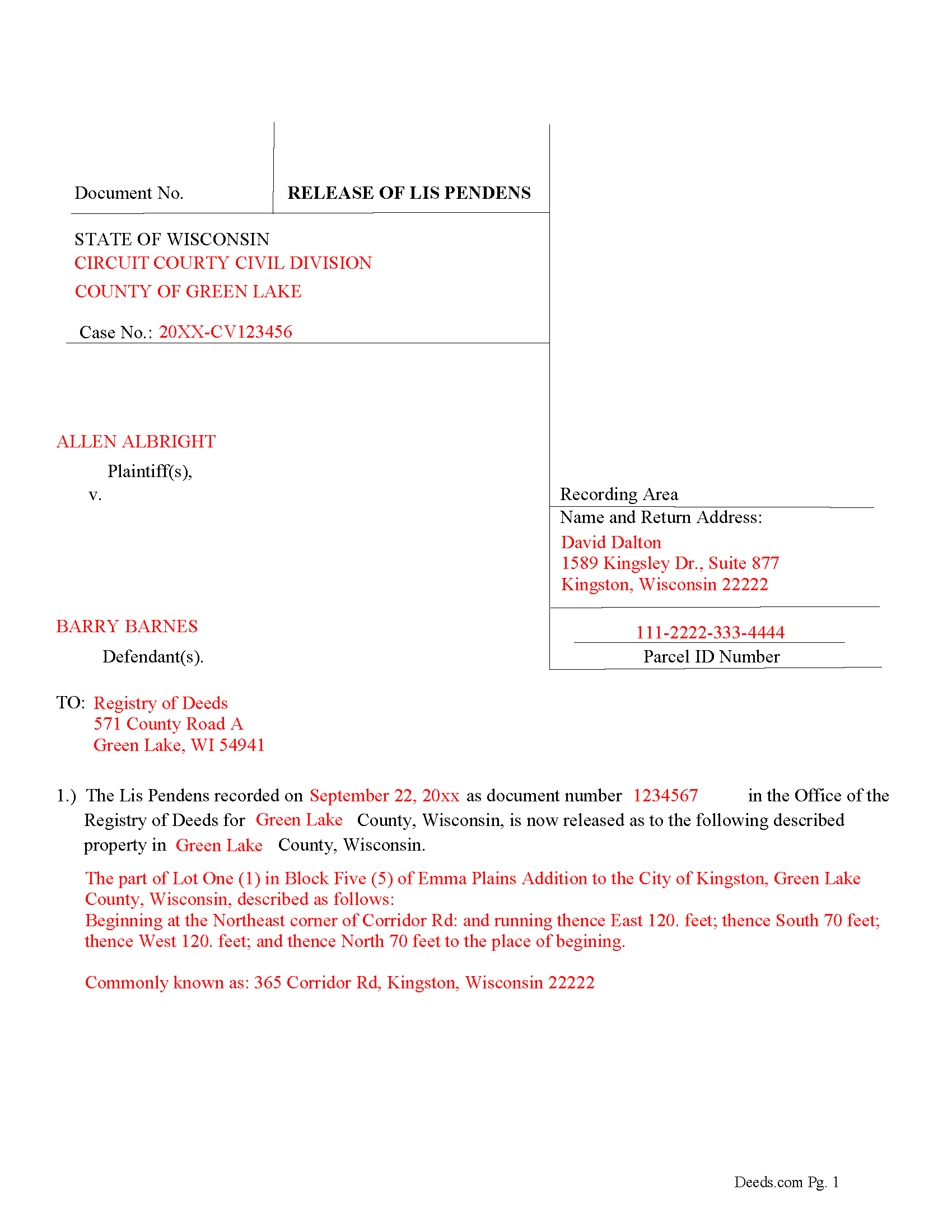 Pepin County Completed Example of the Release of Lis Pendens document