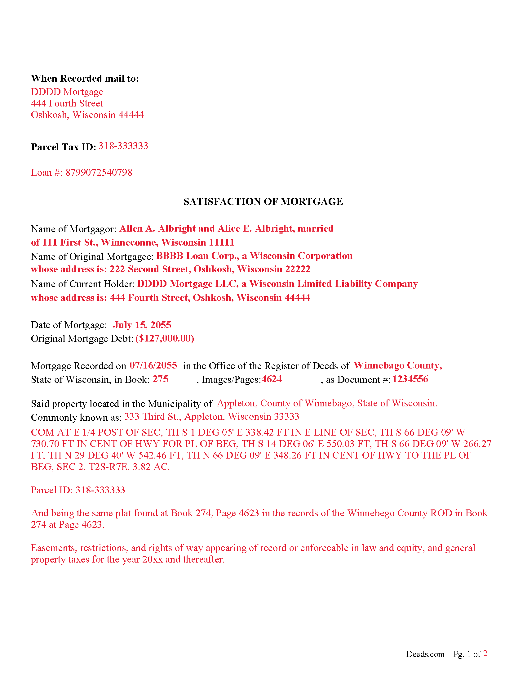 Pepin County Completed Example of the Satisfaction of Mortgage Document