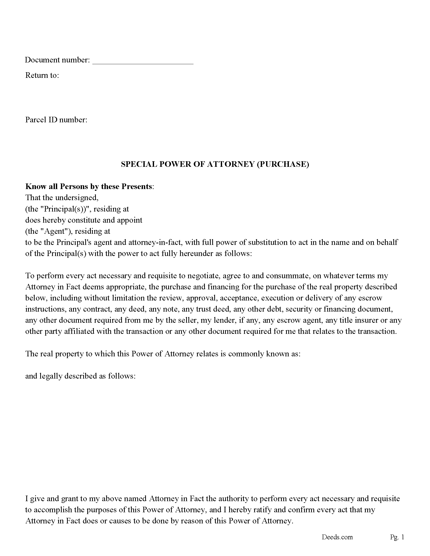 Juneau County Special Power of Attorney Form for the Purchase of Property