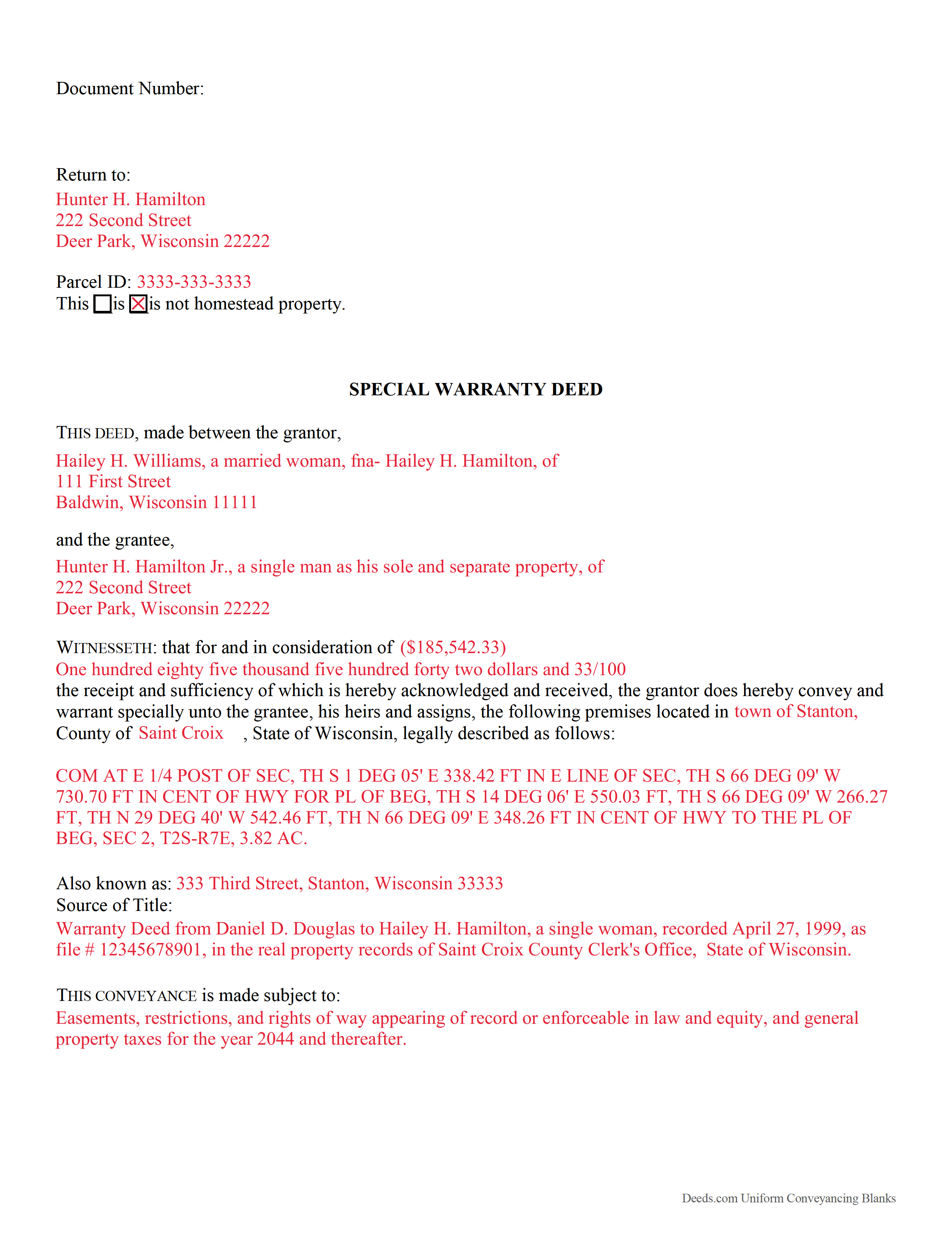 Pepin County Completed Example of the Special Warranty Deed Document
